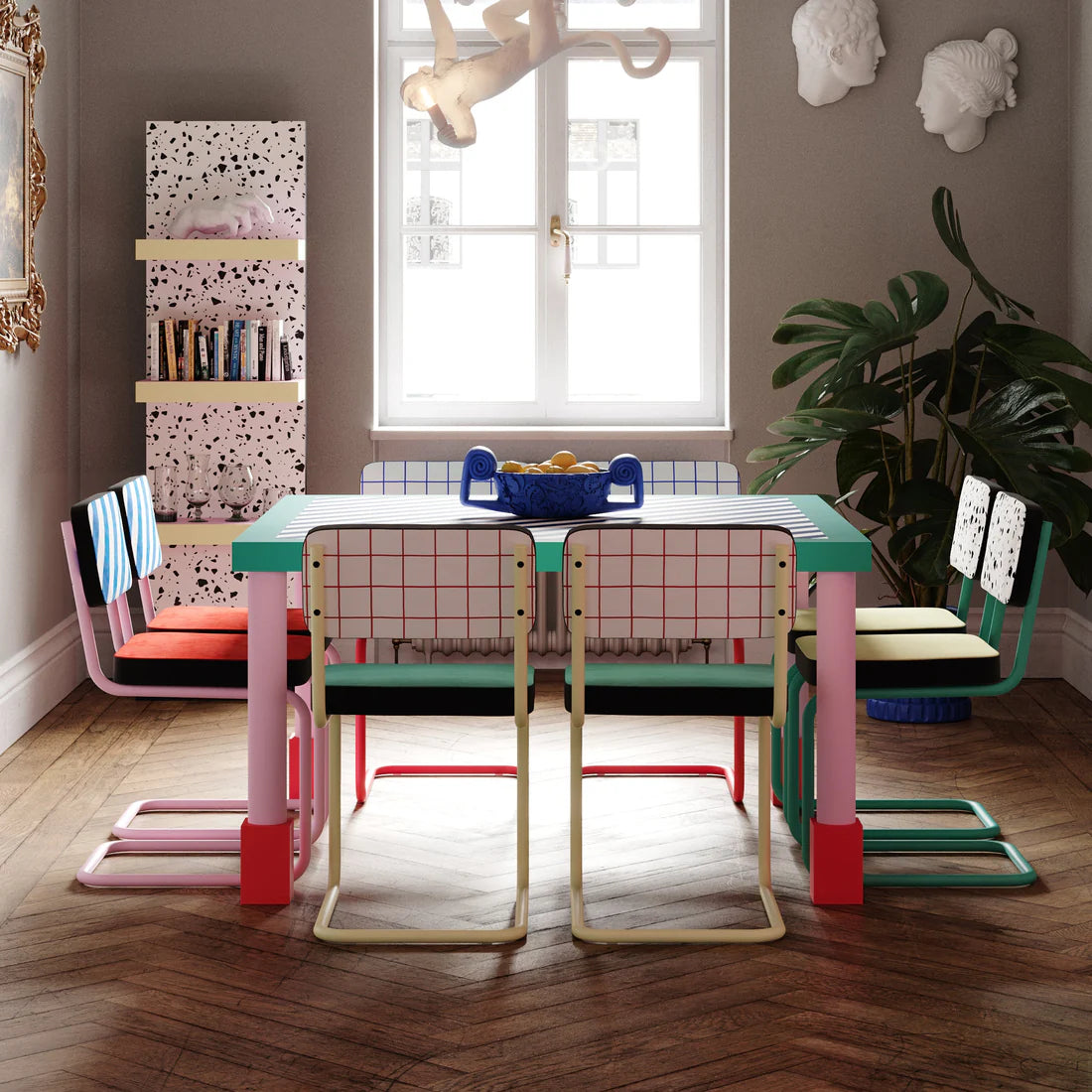 Stół kwadratowy SUPERSQUARE BLUE STRIPES niebieski z różową podstawą