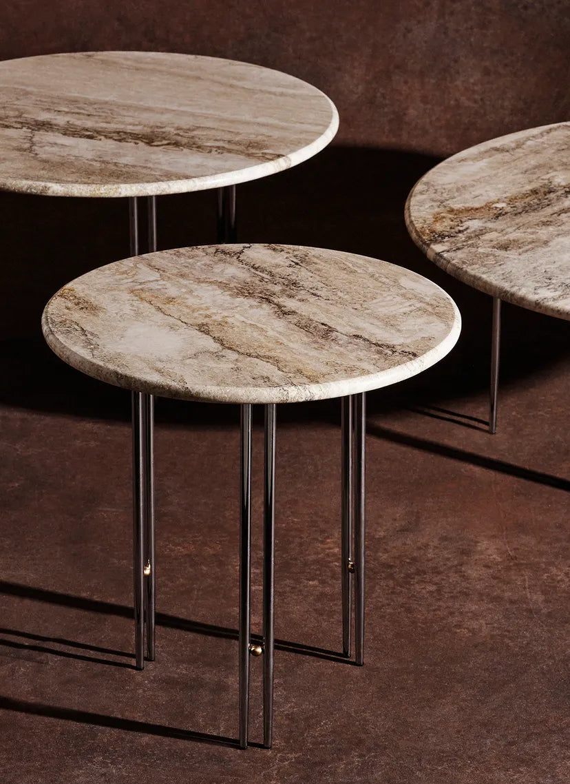 IOI travertine side table with a chrome base