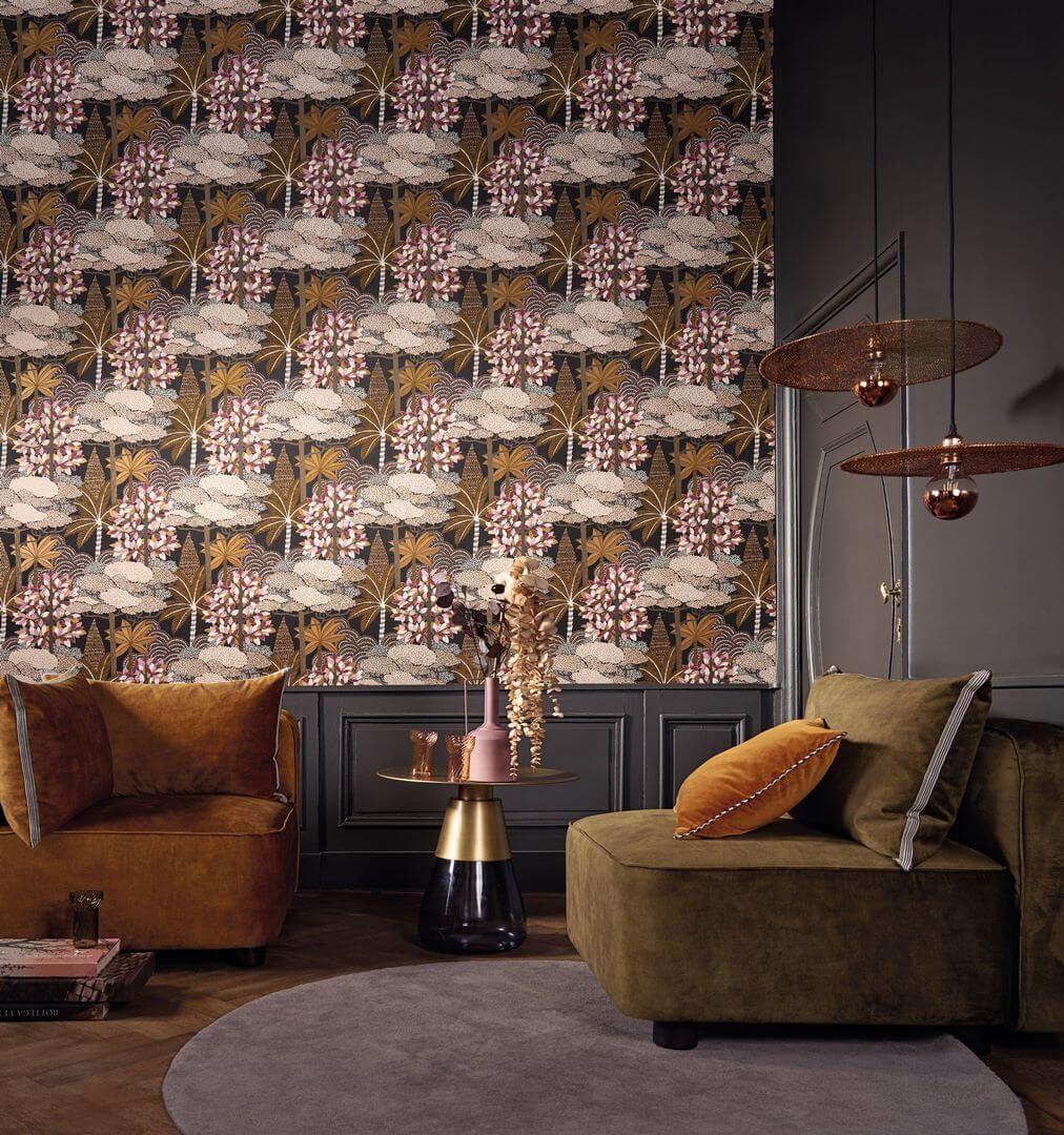 Metallic Wallpaper with Plant Motif MARAKANDA - WHITE/ROSEWOOD in White with Pink