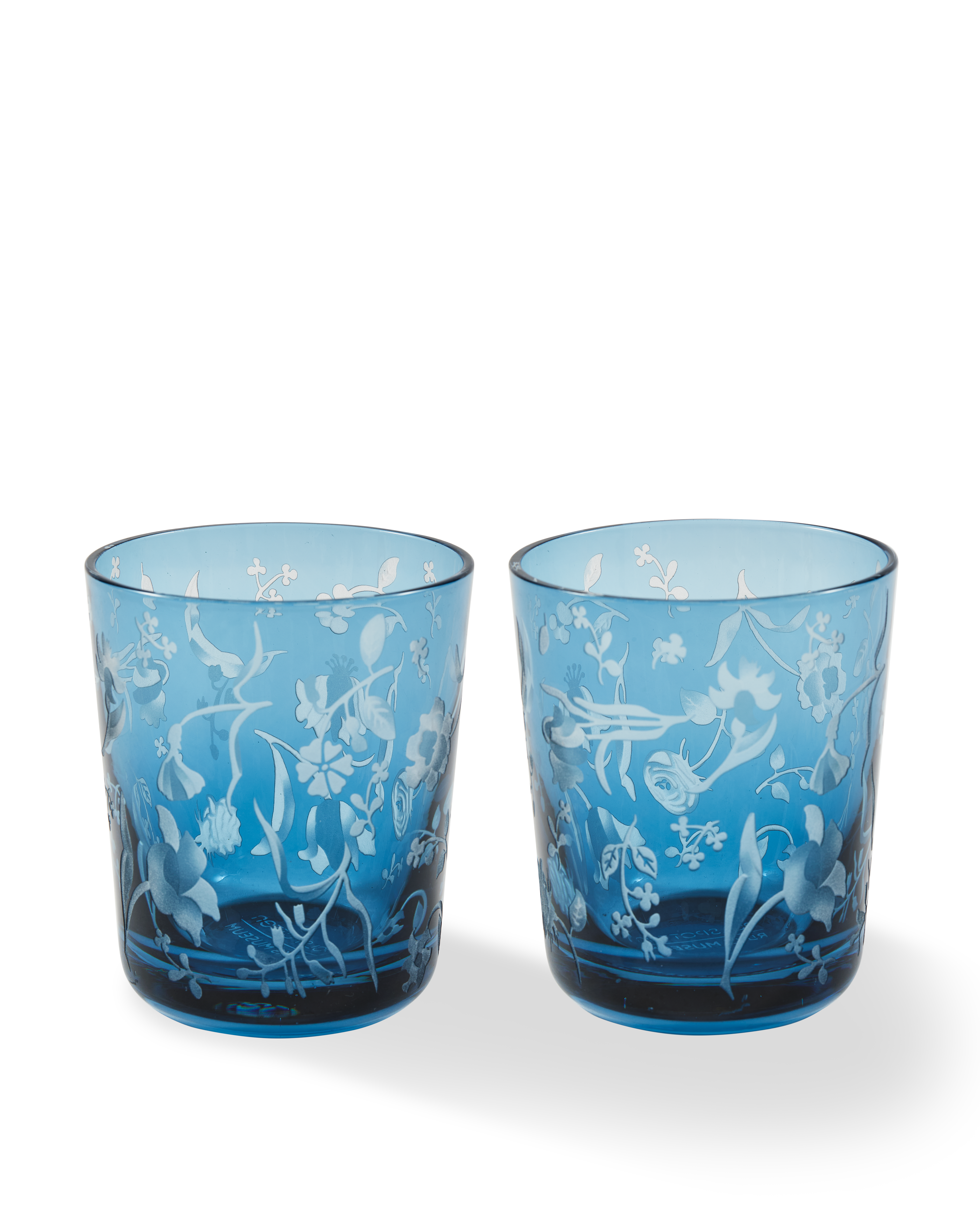 Set van glazen GESTROOIDE BLOEMEN blauw met gezandstraald patroon