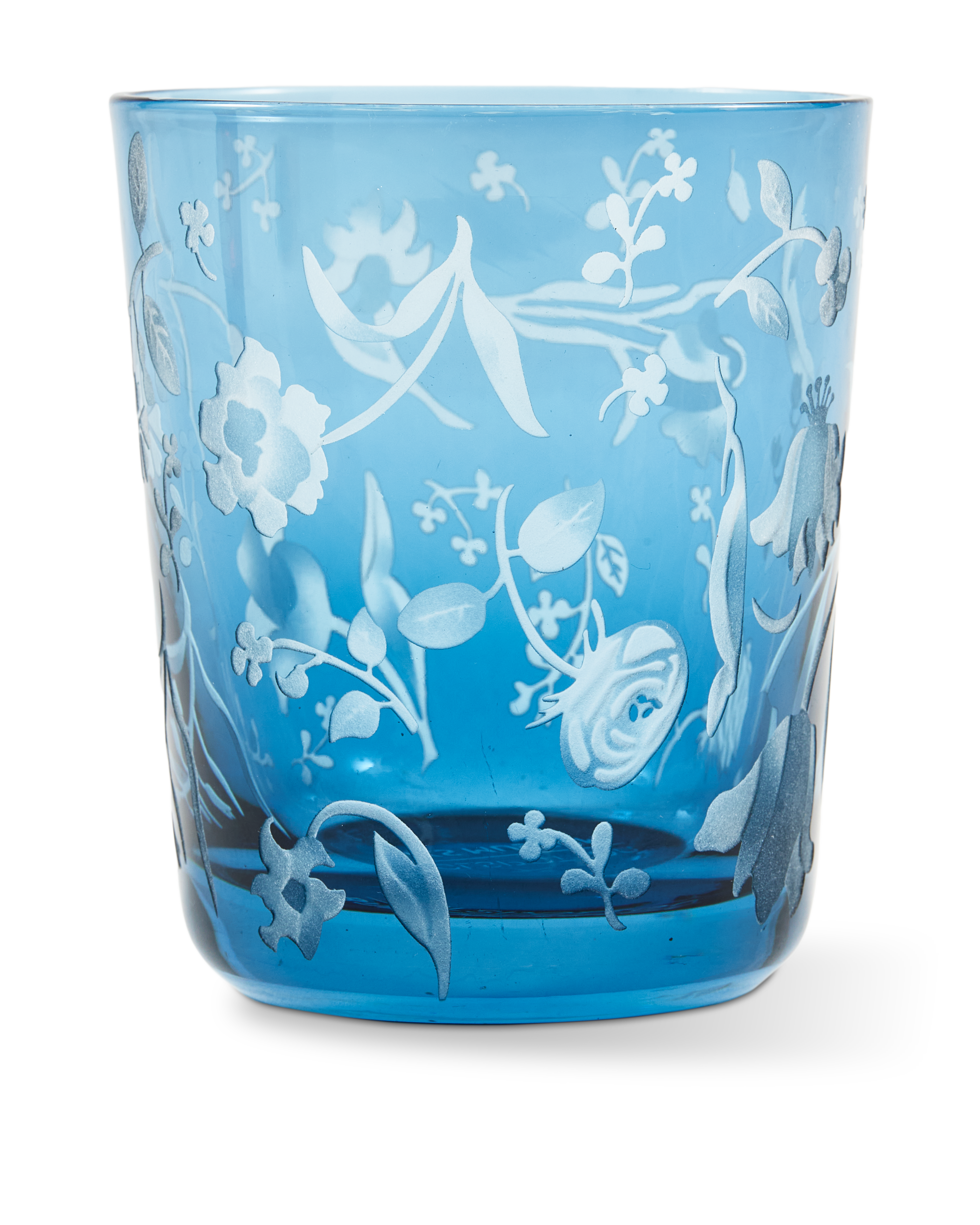 Set van glazen GESTROOIDE BLOEMEN blauw met gezandstraald patroon