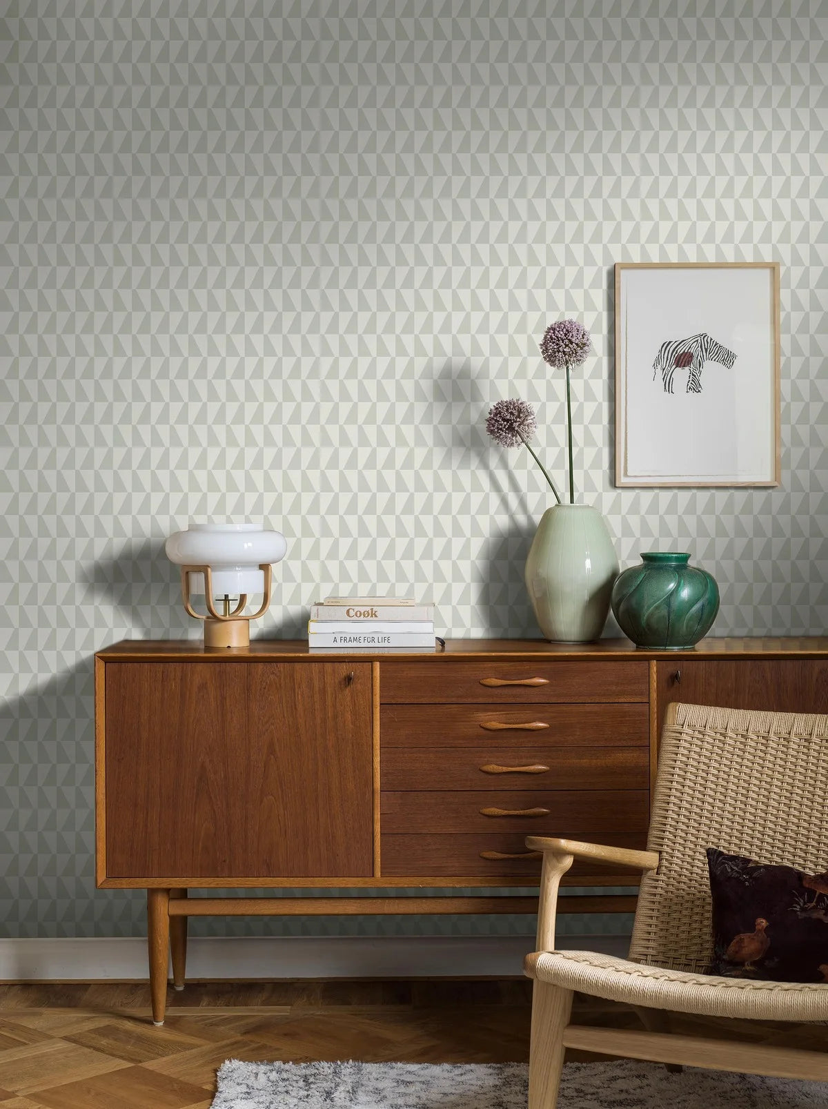 Tapeta flizelinowa papierowa z geometrycznym wzorem TRAPEZ zielony z białym