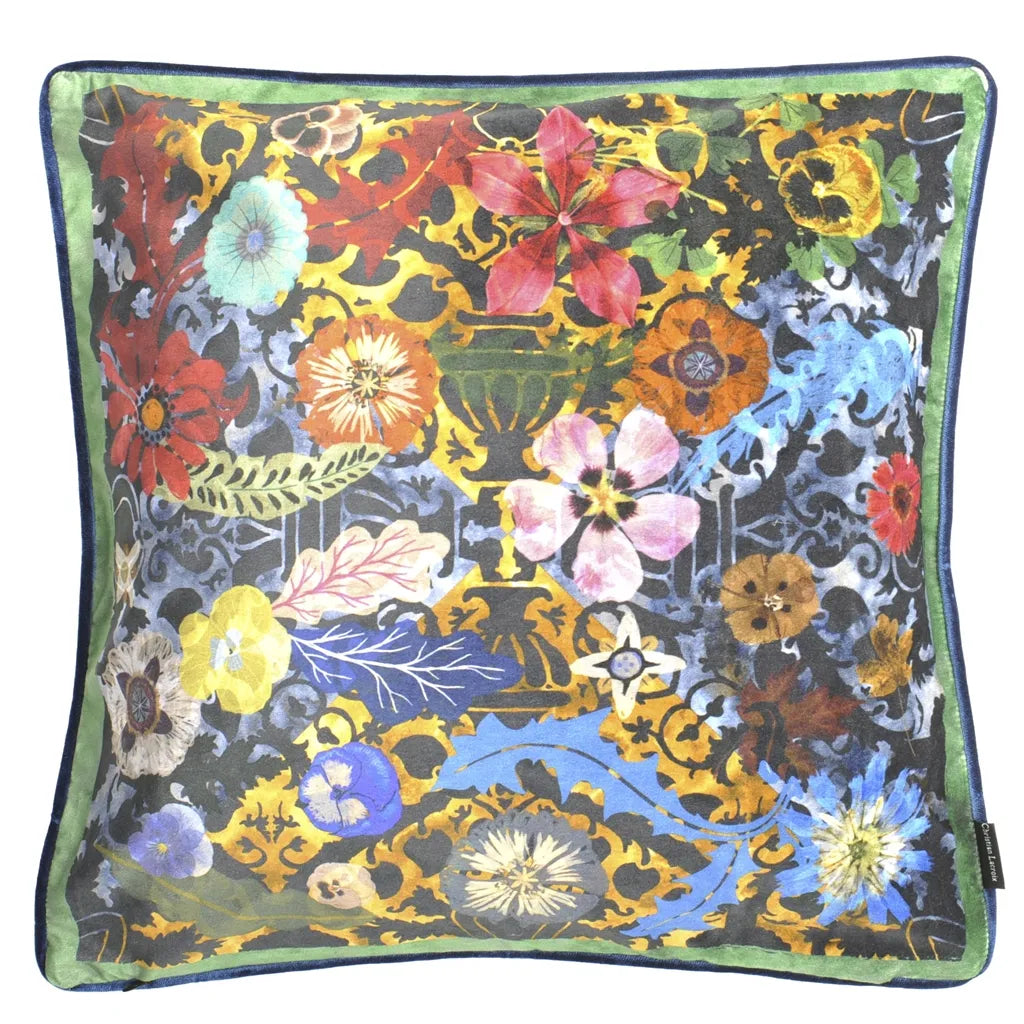 Tweedekleurige kussen HERBIER FLORENTIN met plantenpatroon