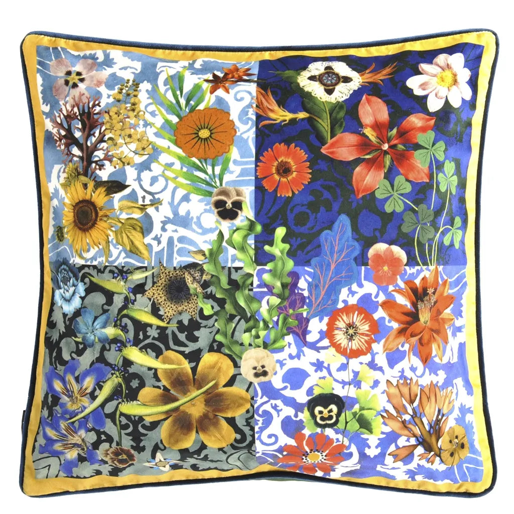 Tweedekleurige kussen HERBIER FLORENTIN met plantenpatroon