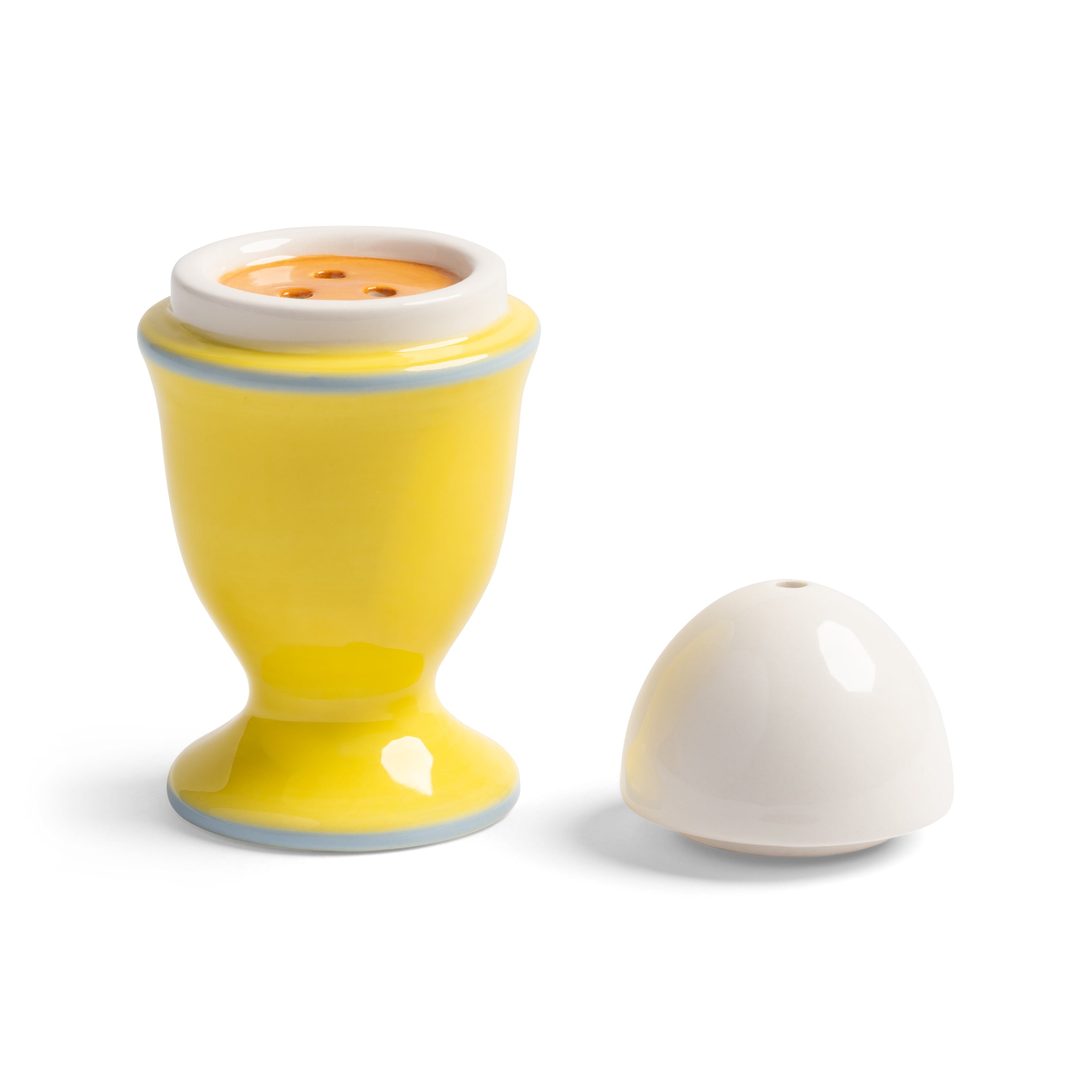 Eierdoos en pepervaatje EGG geel met blauw en wit