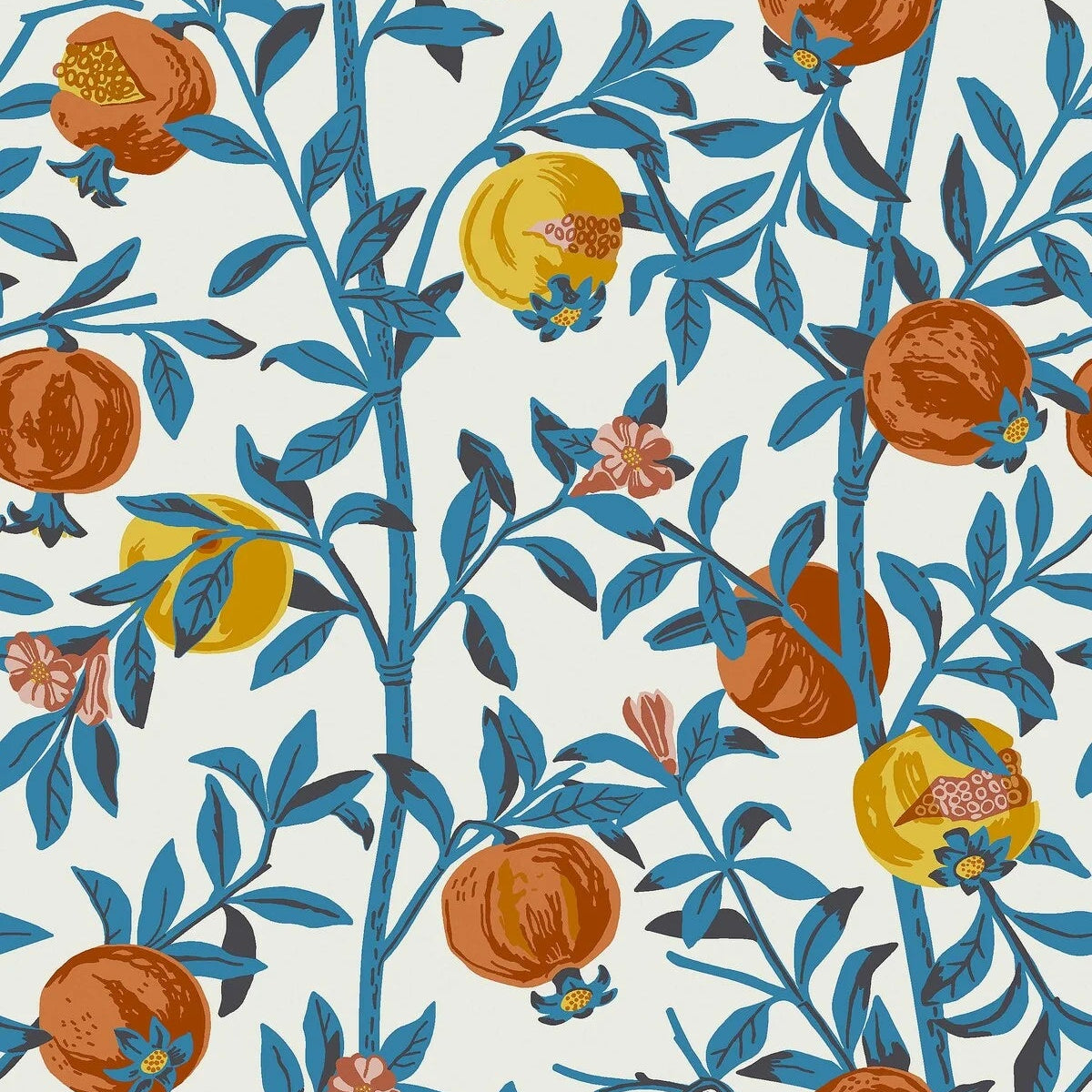 Wallpaper with a botanical pattern of pomegranates in white with blue and orange