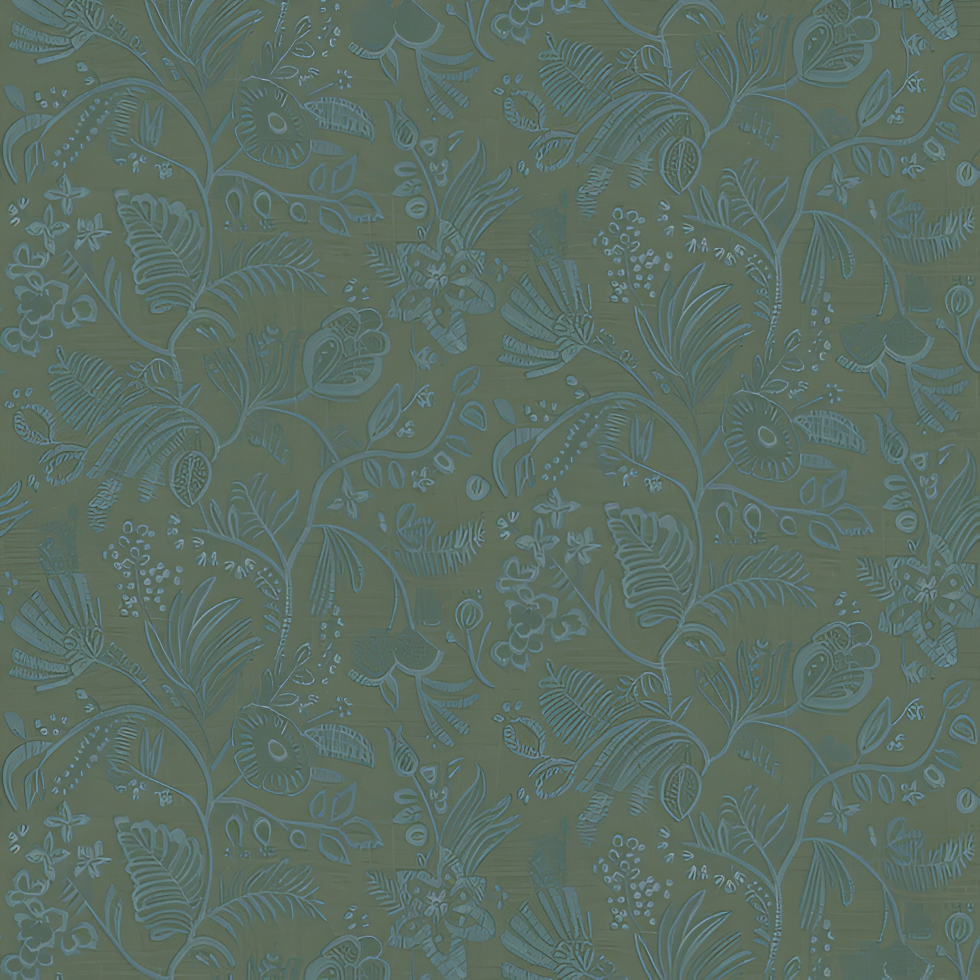 Strukturierte Tapete, die Stickerei mit floralem Motiv von Blumen und Blättern im PASTEL-Grün mit Blau imitiert