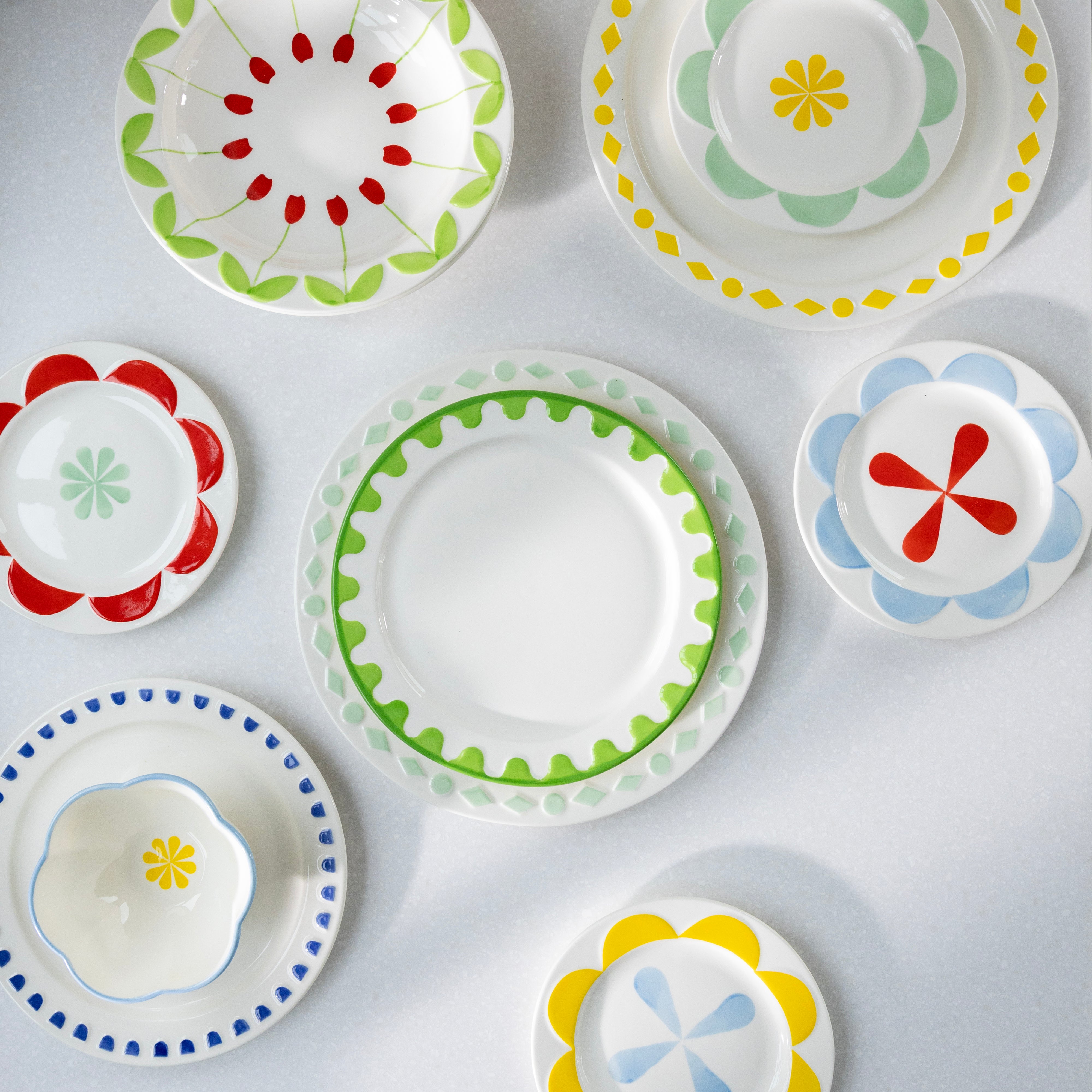 FOLK white breakfast plate set with blue and green