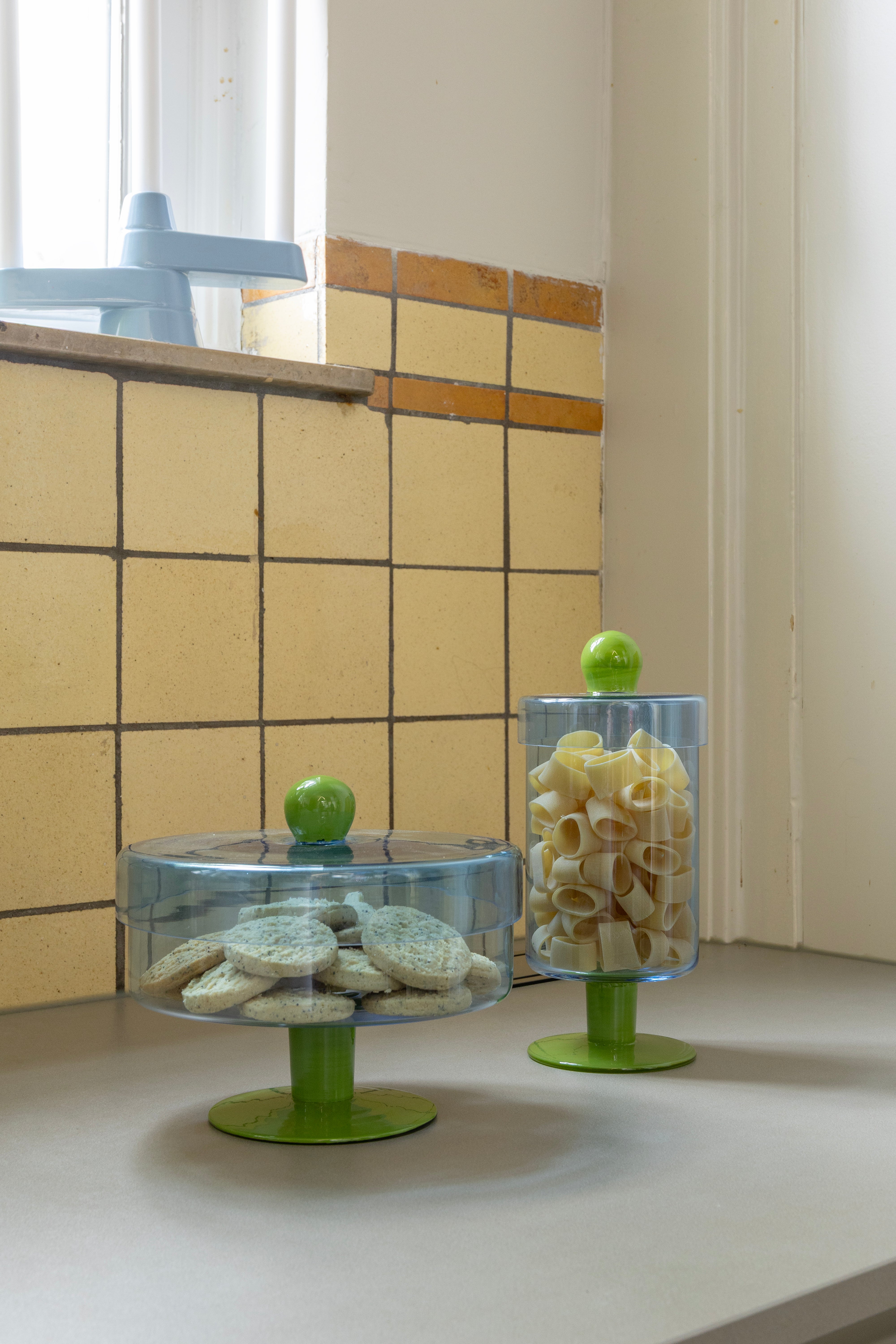 Glazen opbergcontainer DUO TALL blauw met groen