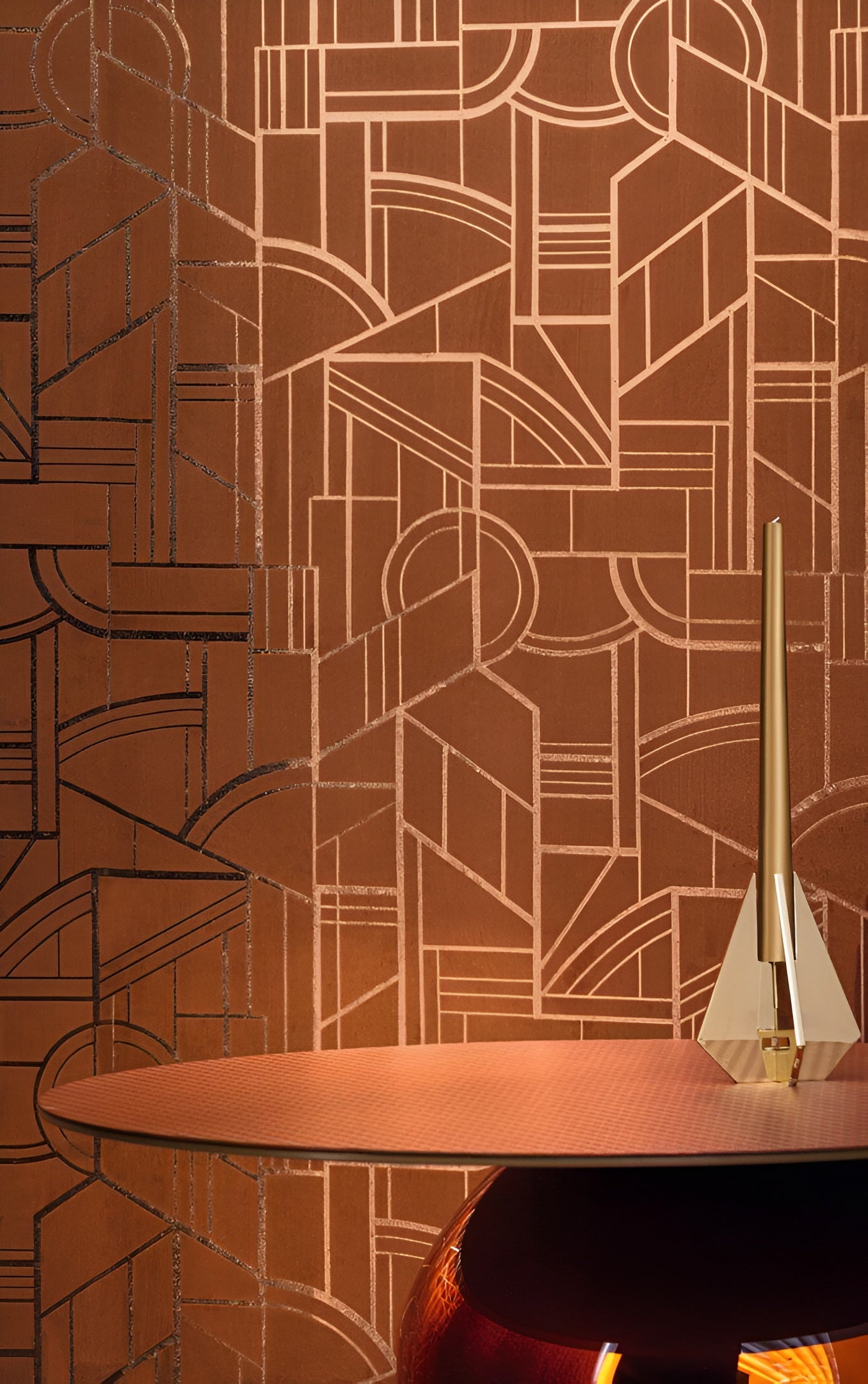 Metallic textile wallpaper with an Art Deco geometric pattern REIMS - TAUPE taupe with beige