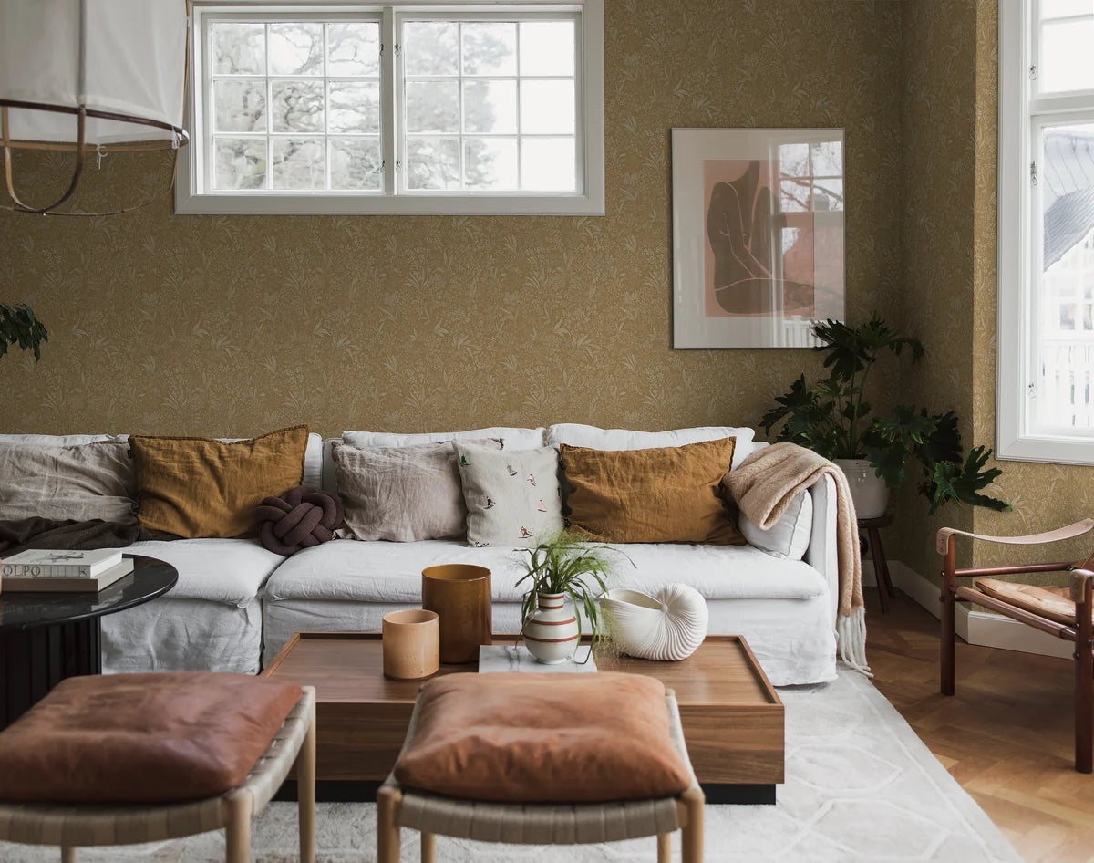 Vliesbehang met plantaal patroon NOCTURNE goud met beige