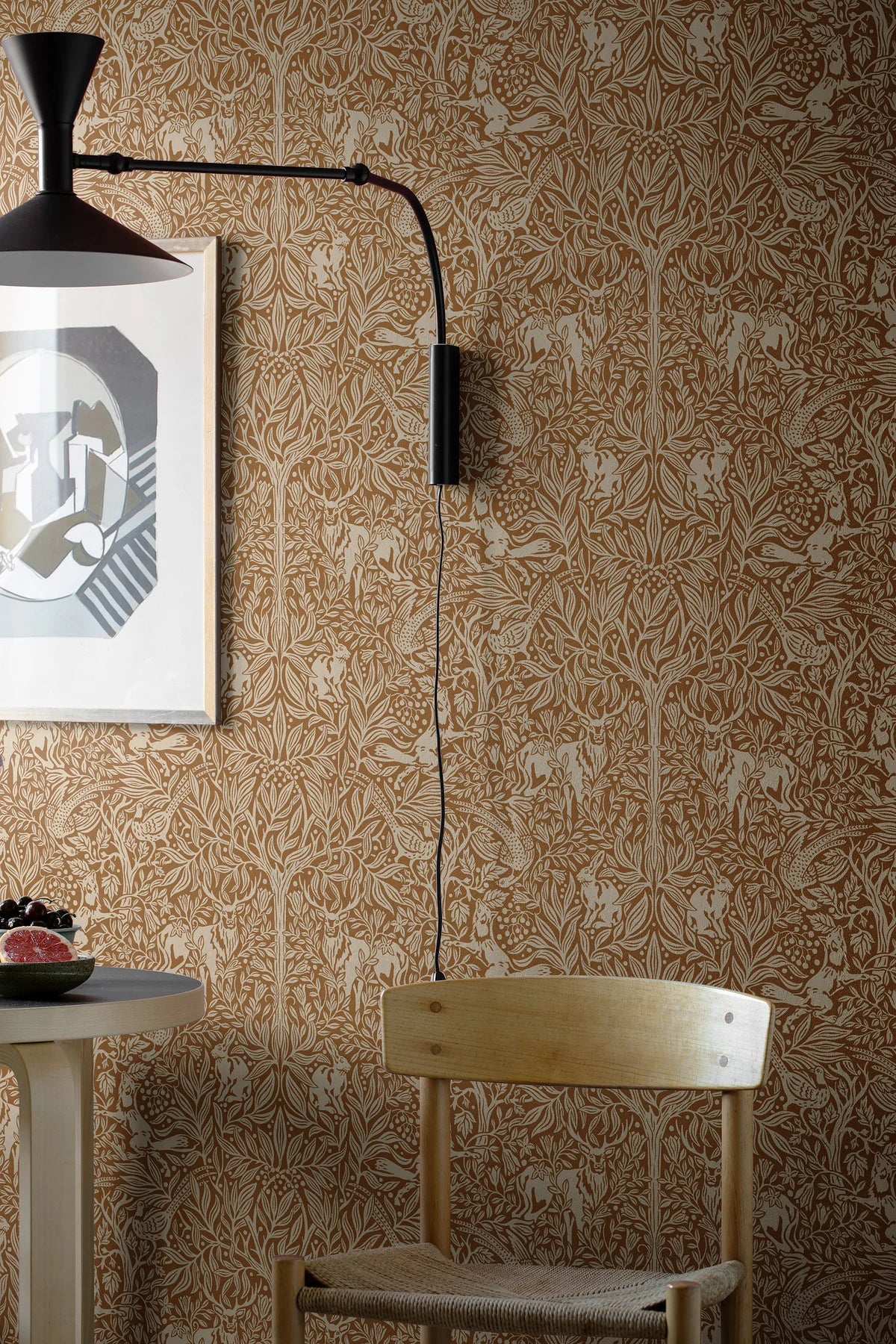 Wallpaper with a plant pattern and forest theme UNDER THE ELDER TREE brown with white