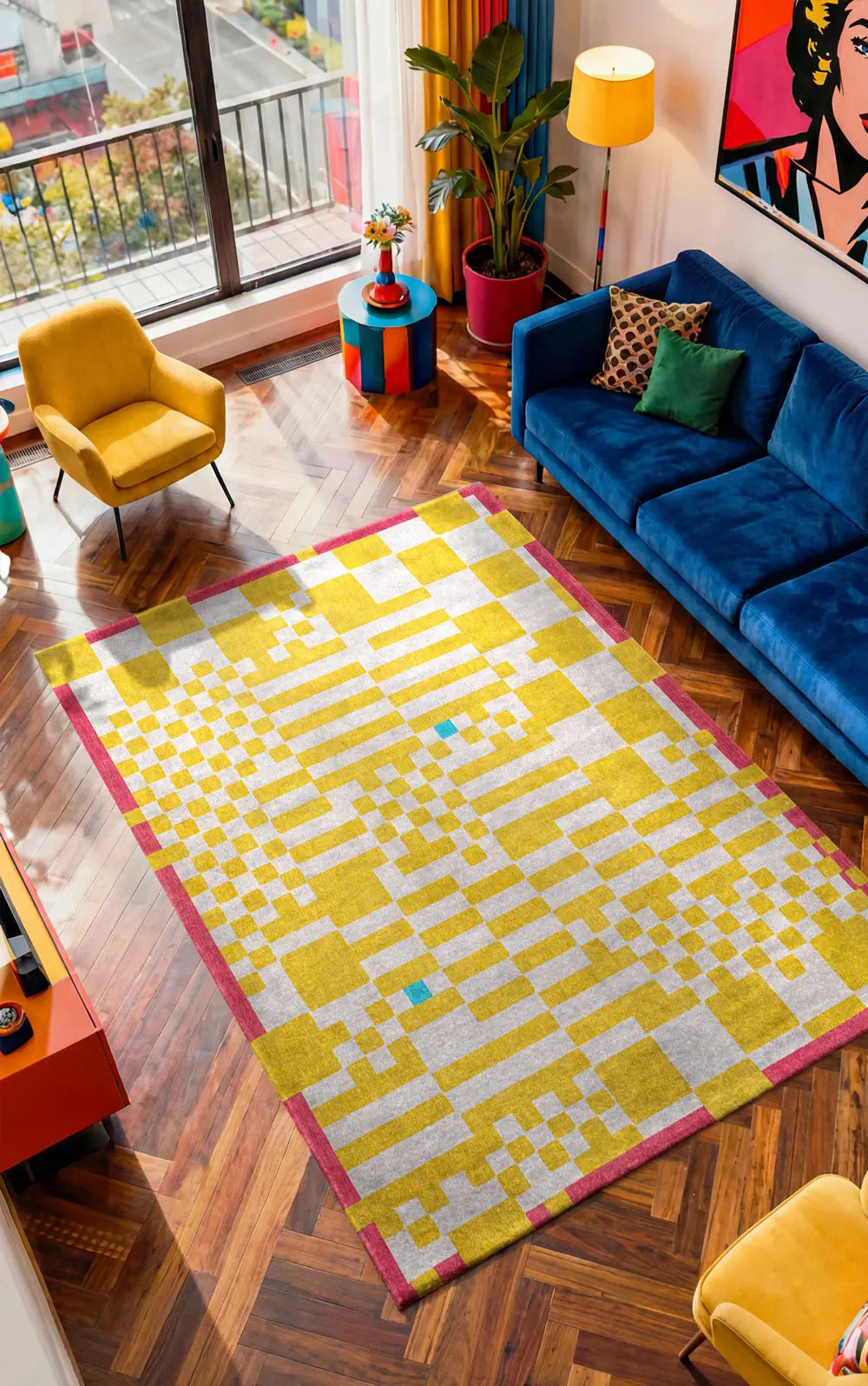 Teppich CHESS CUPCAKE gelb mit Weiß und Rosa