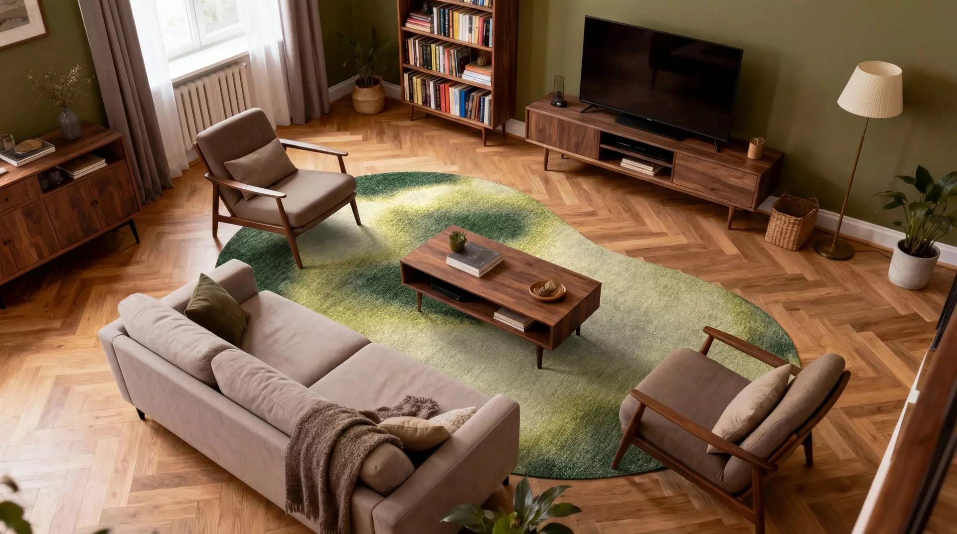 Ovale tapijt AQUARELLE LEAF groen met geel