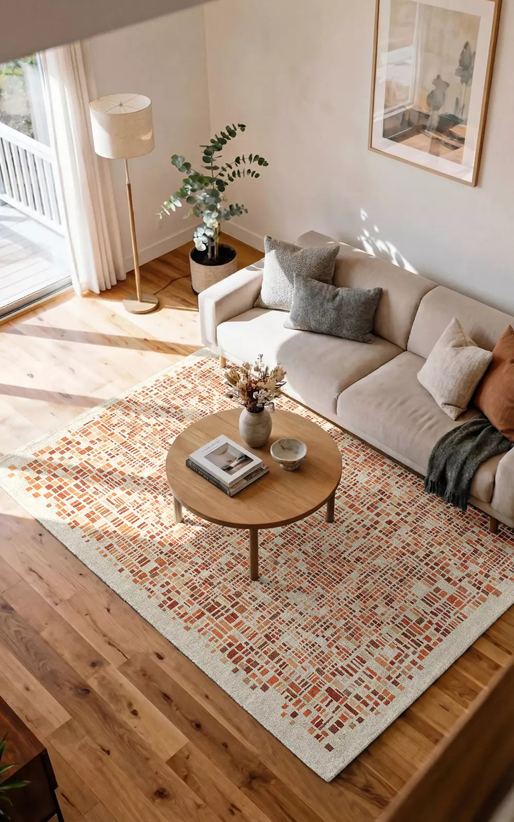 CUBIK beige vloerkleed met oranje en bordeaux