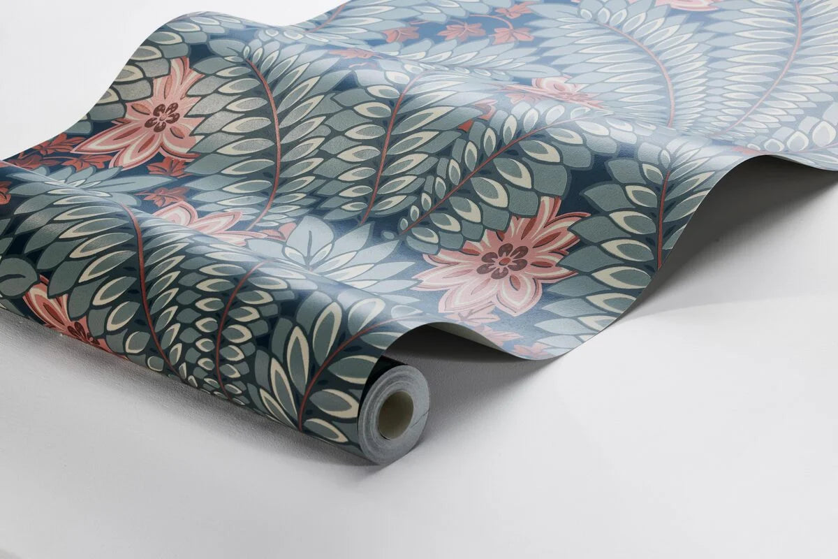 Hidden Ivy Blue and Green Leaf Pattern Wallpaper