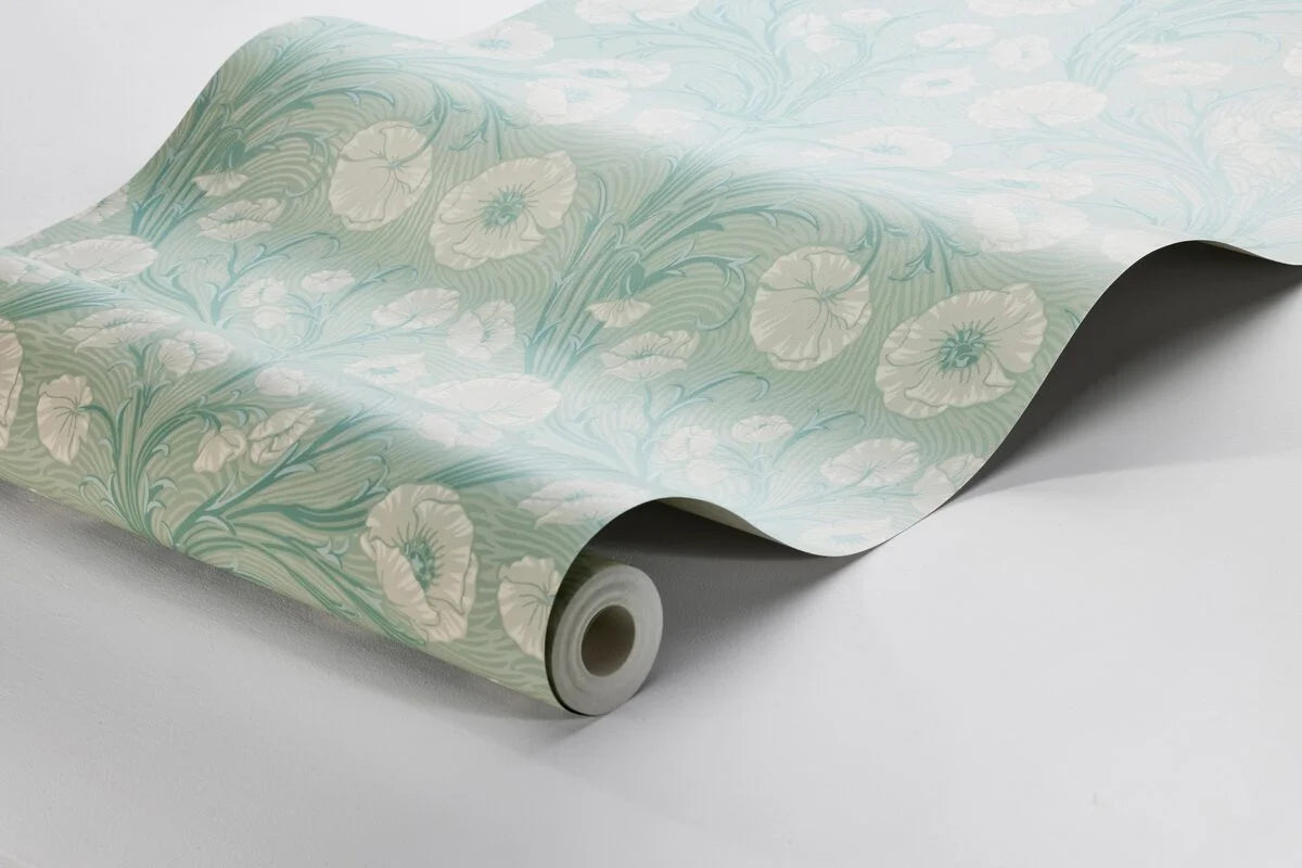 Green floral pattern wallpaper with beige poppy flowers