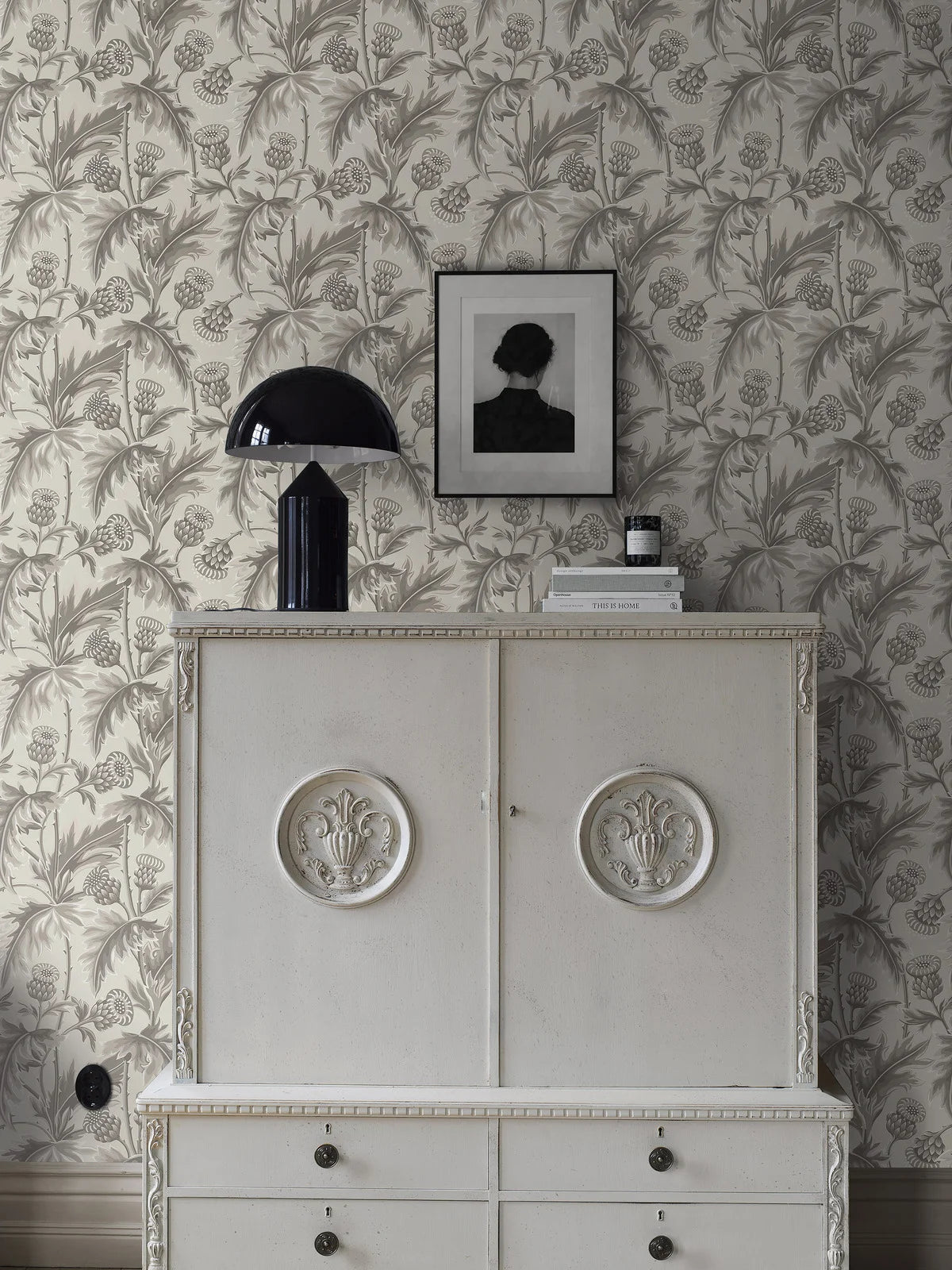 Cream and Gray Floral Pattern Wallpaper TREASURED THISTLE