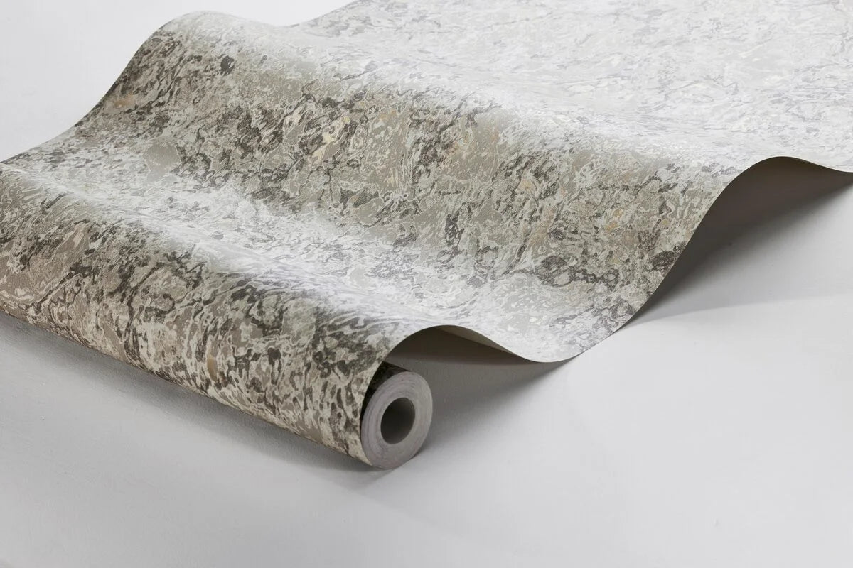 Grijze marmerimitatie behang TRAVERTINE met beige