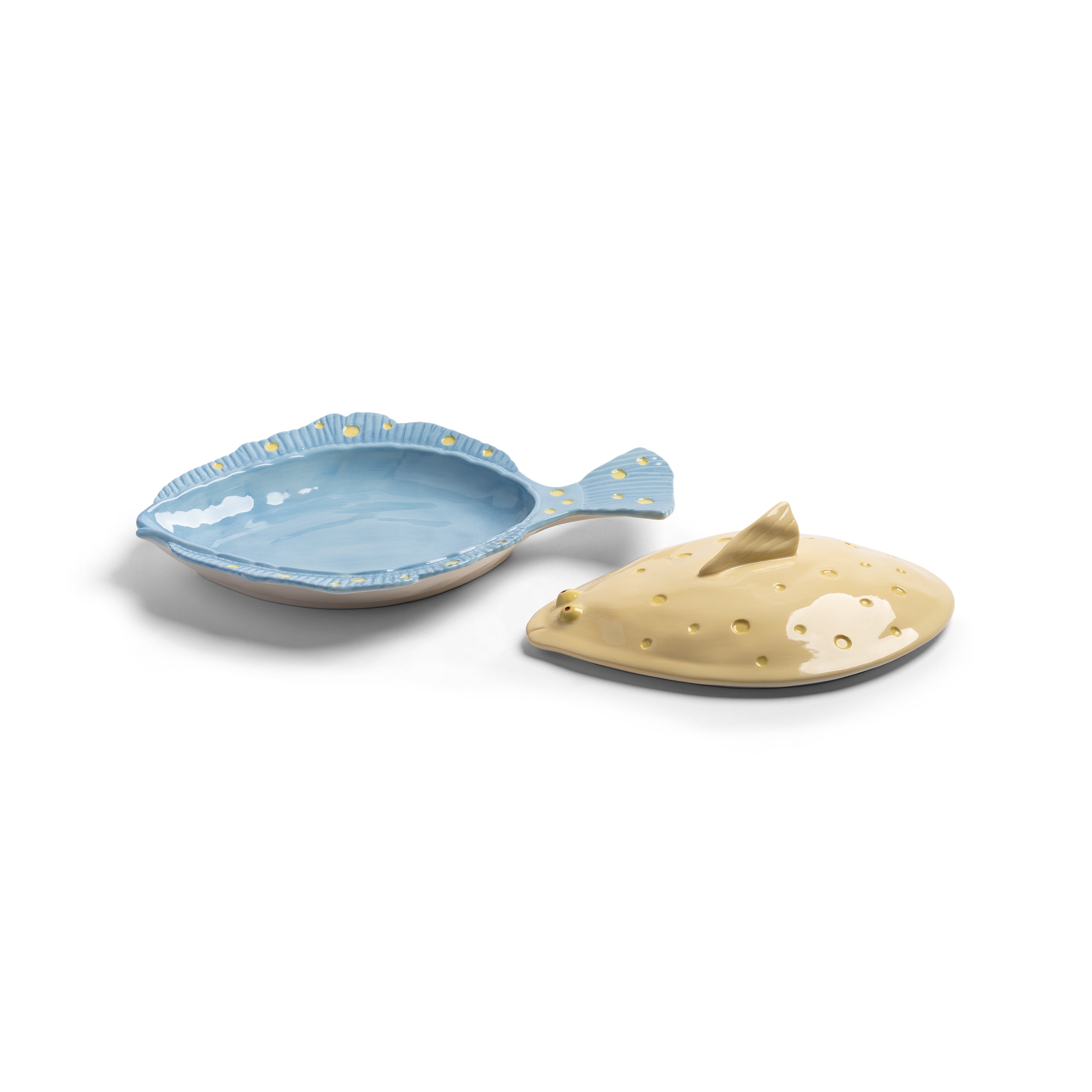 Grote schaal met deksel PLAICE geel met blauw