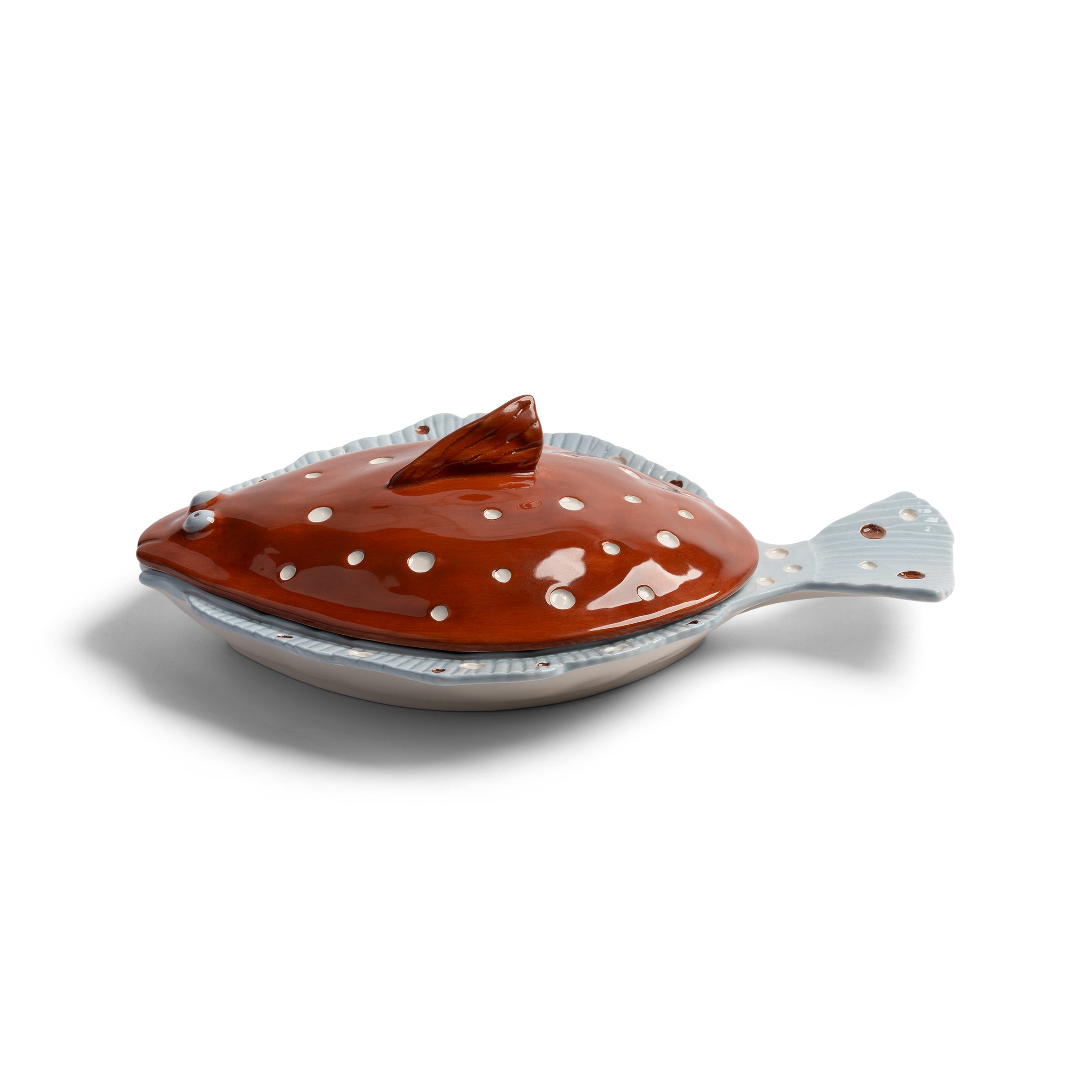 Bruine PLAICE schaal met deksel, blauw en wit