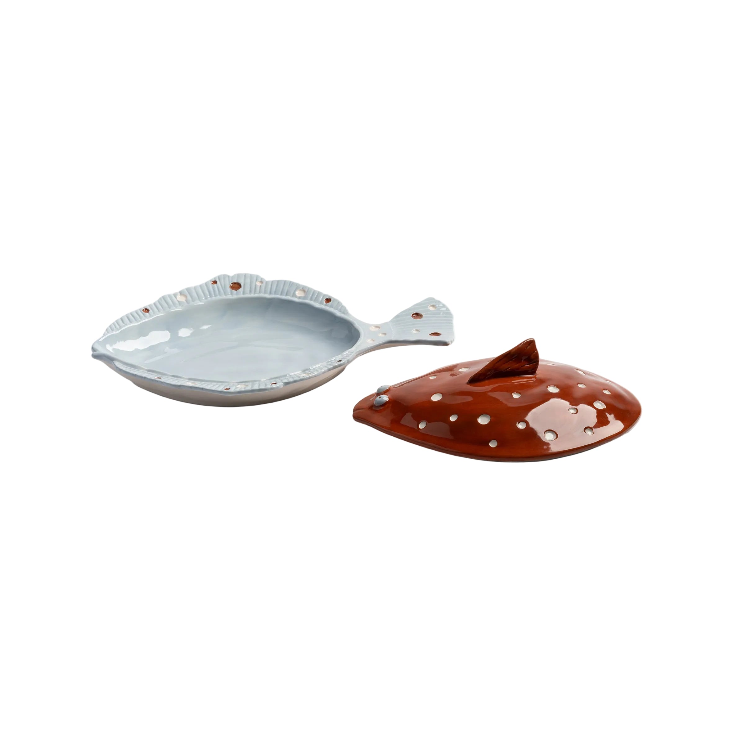 Bruine PLAICE schaal met deksel, blauw en wit