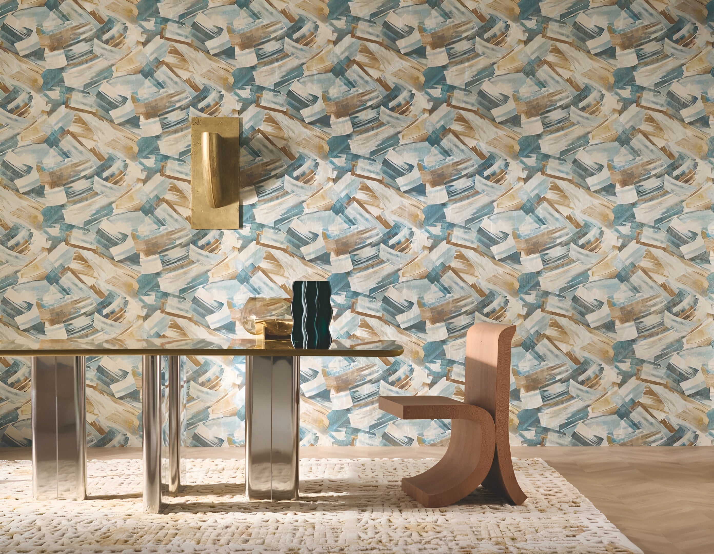 Metallic Wallpaper with Abstract Pattern IMPULSION - TOPAZE DORÉ Blue with Bronze