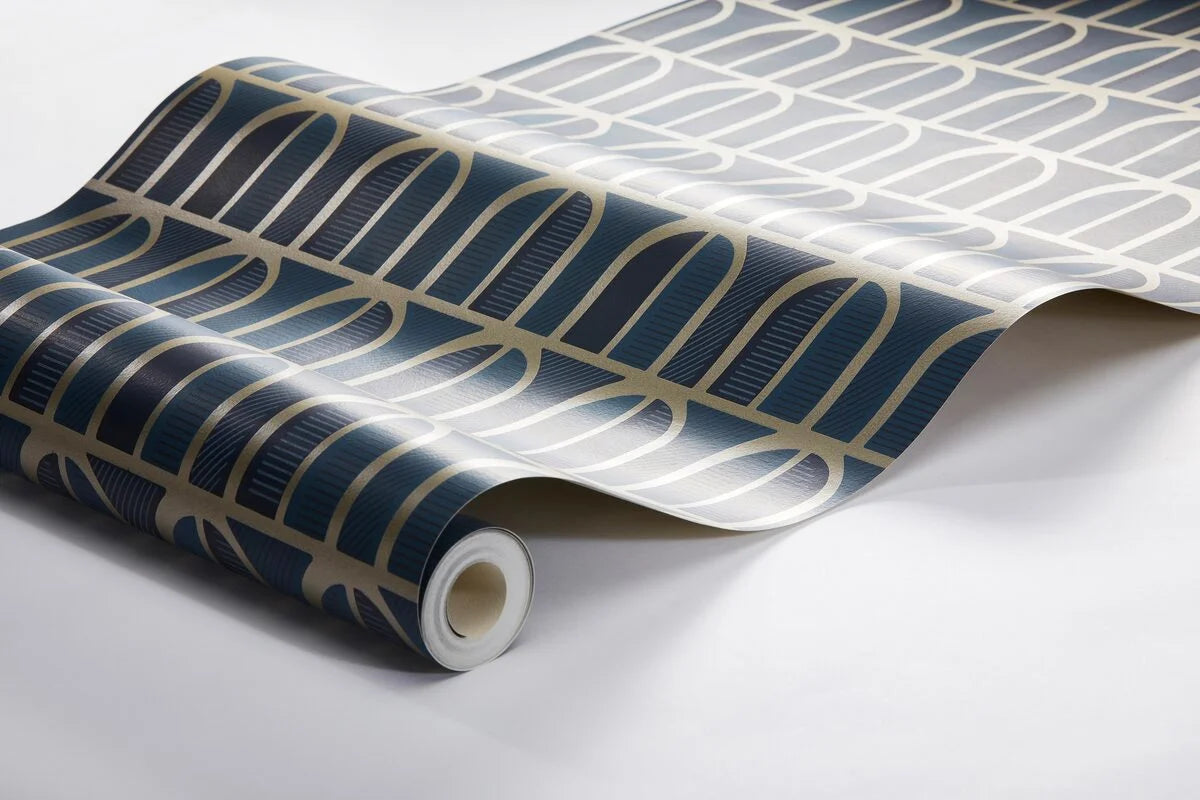 Vliesbehang van papier met geometrisch patroon VENETIË donkerblauw