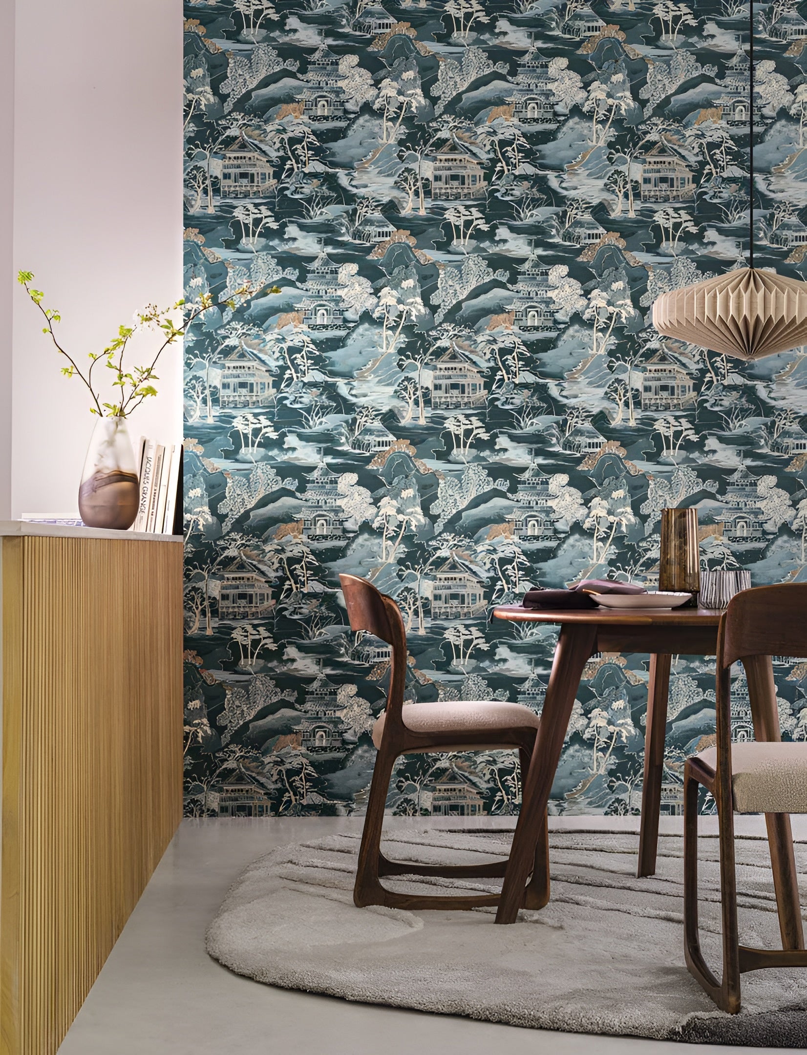 Structuurtapijt met oosterse landschap NARA - VERT IMPERIAL groen