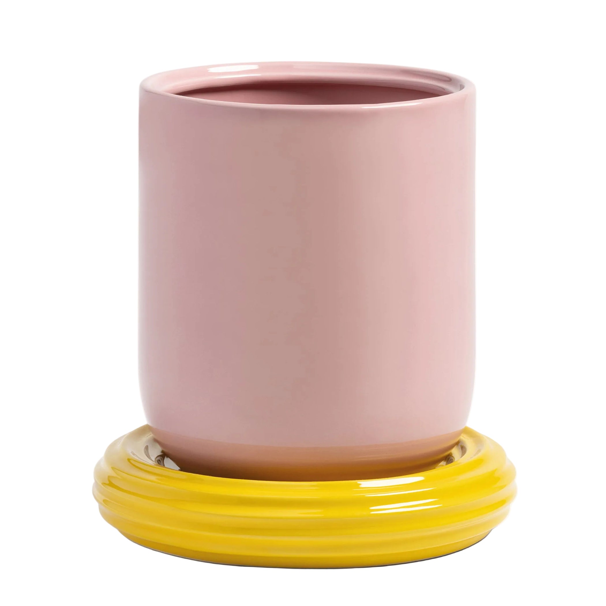 Blumentopf CHURROS rosa mit gelbem Untersetzer