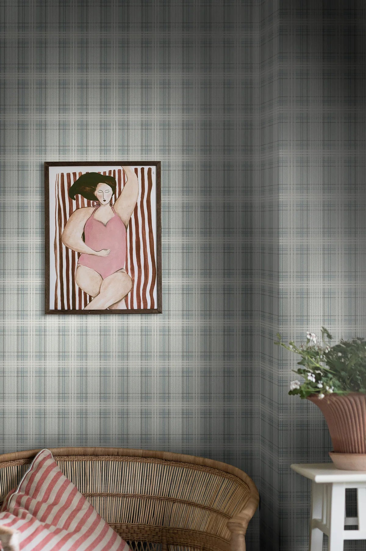 Geometric Pattern Wallpaper in Scottish Check TAILOR’S TWEED Turquoise with Beige