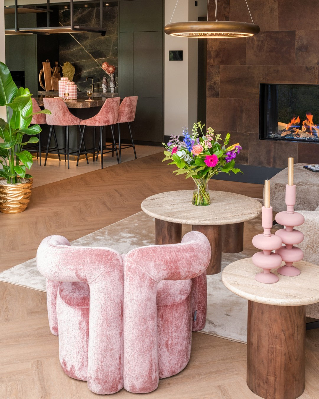 Round coffee table DOUGLAS travertine with wooden base