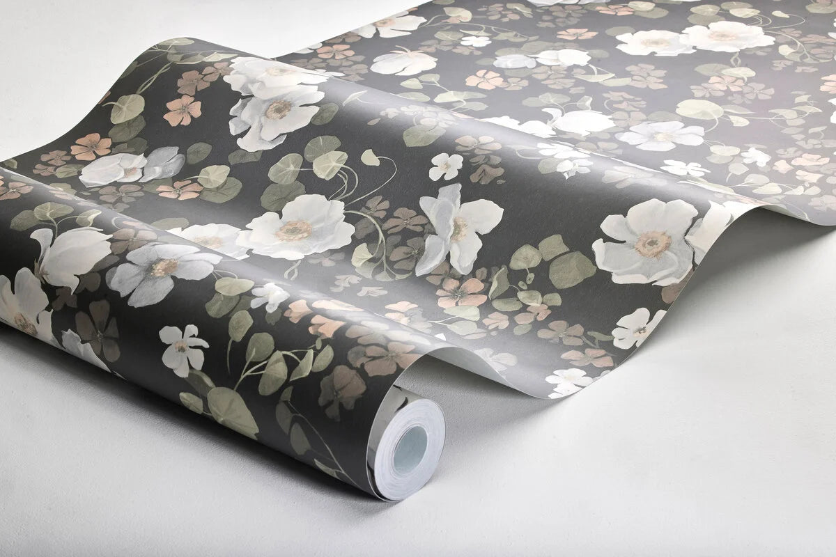 Non-woven paper wallpaper with an enchanting flower pattern in brown and white