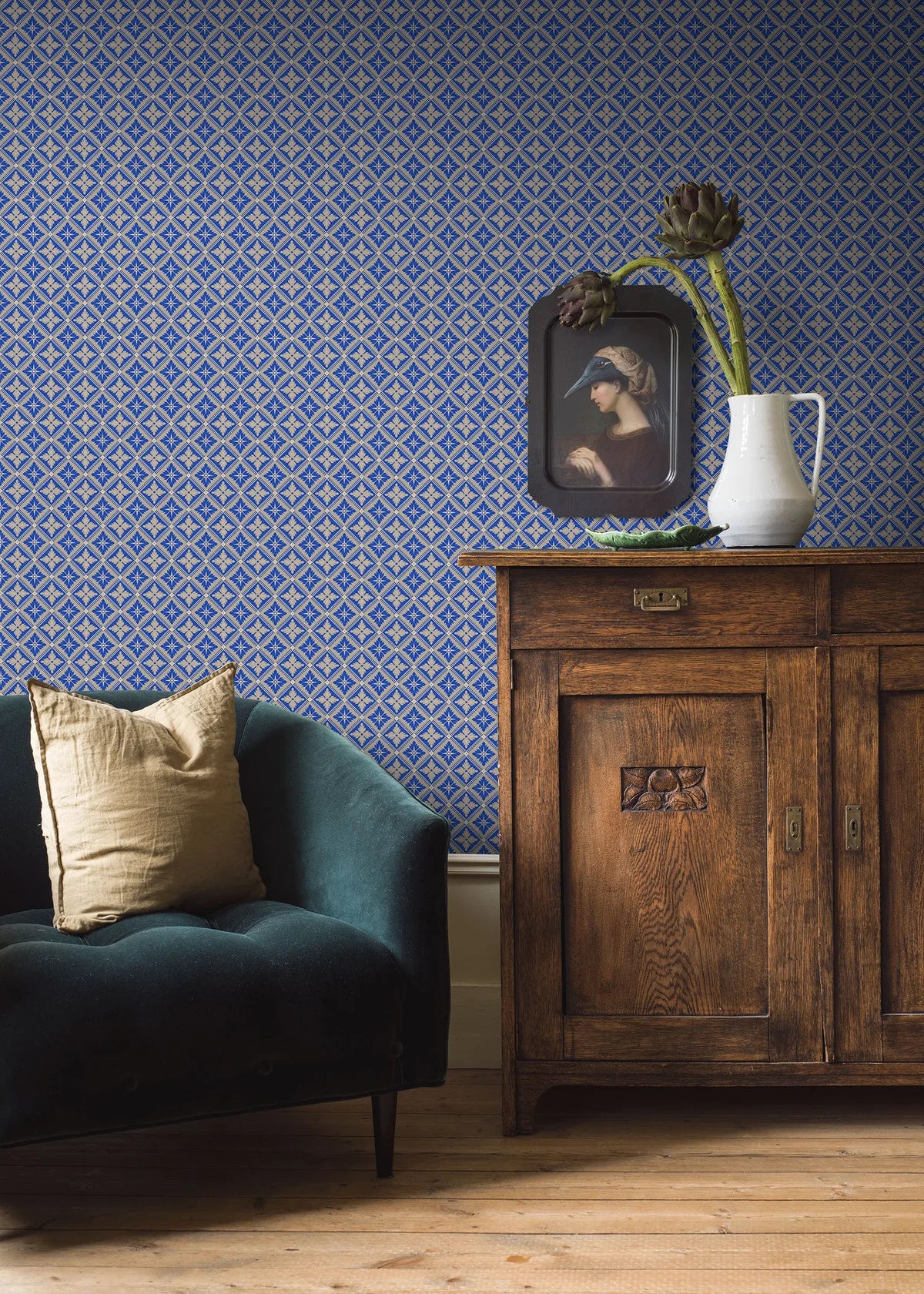 Non-woven paper wallpaper with geometric pattern LOKA blue with beige