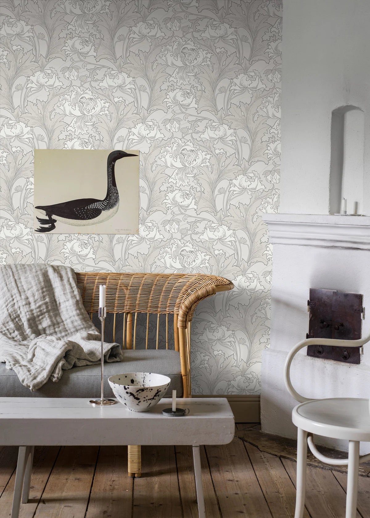 Vliesbehang met plantaal patroon SIRI parelgrijs met crème