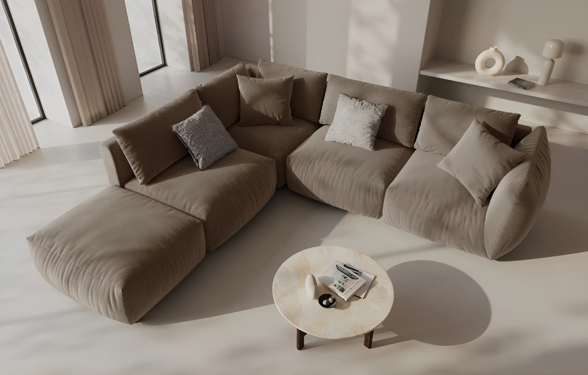 Modulares Samtsofa CHRIS - linkes Element in Hellbraun