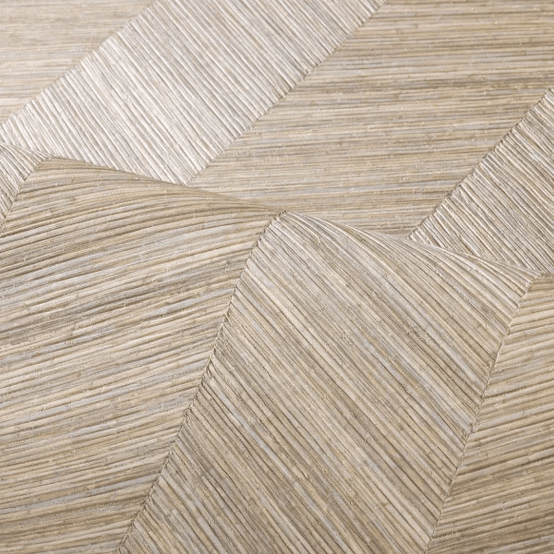 Geometric structural wallpaper mimicking wood with herringbone pattern OCOTEA - PEARL pearly beige