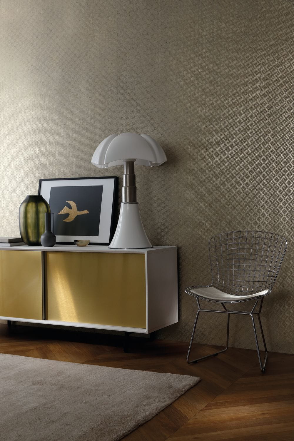 Metallic wallpaper with geometric pattern KHEOPS - WHITE with brown