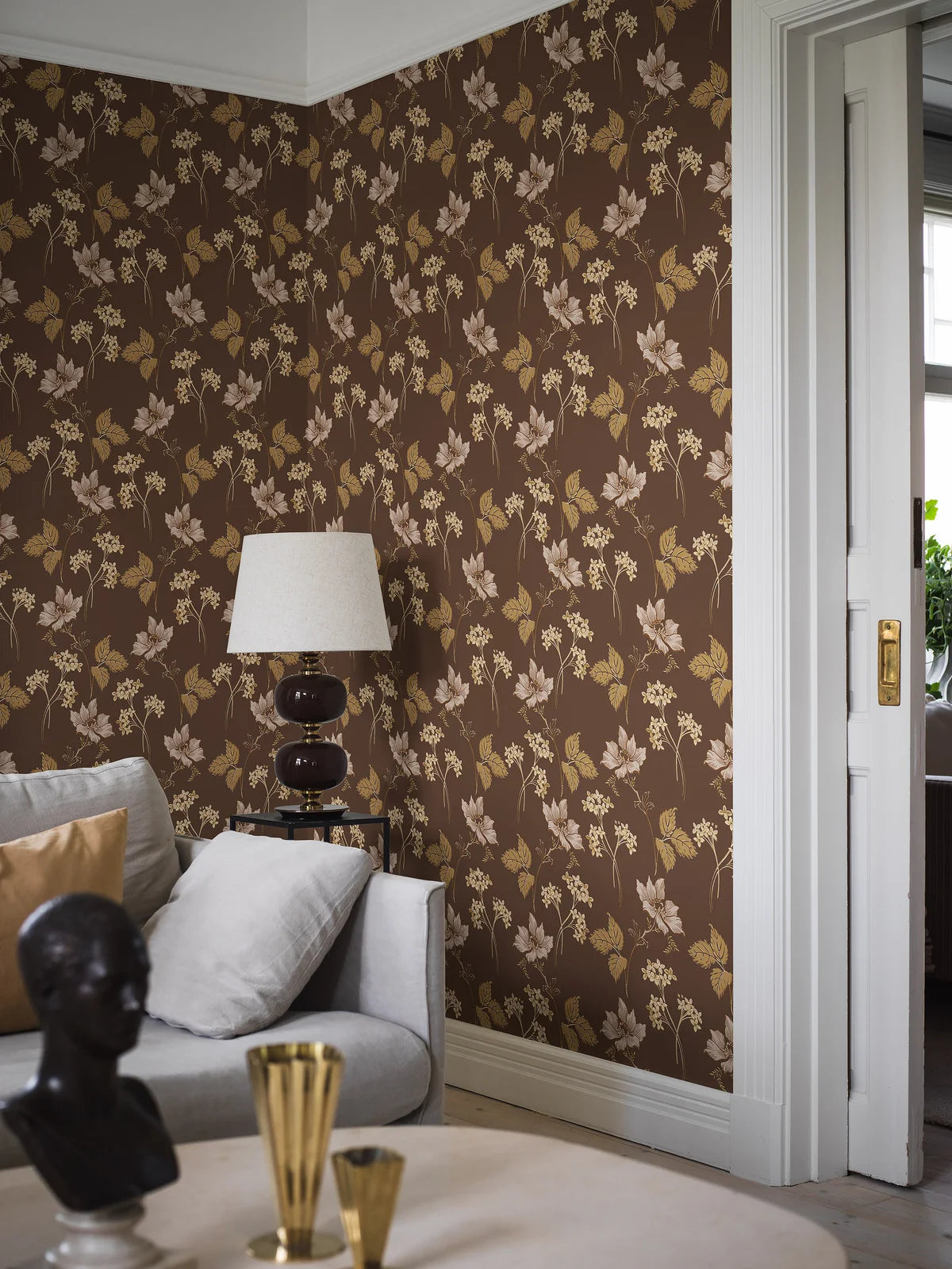 VALBORG Brown Floral Pattern Wallpaper with Beige
