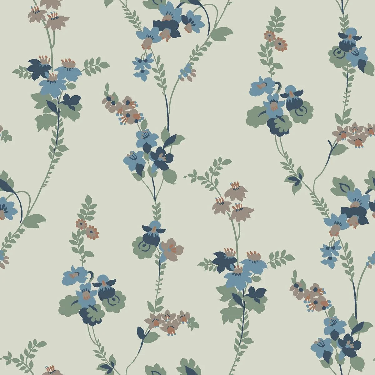 Beige VERA bloemenmotief behang met blauwe accenten