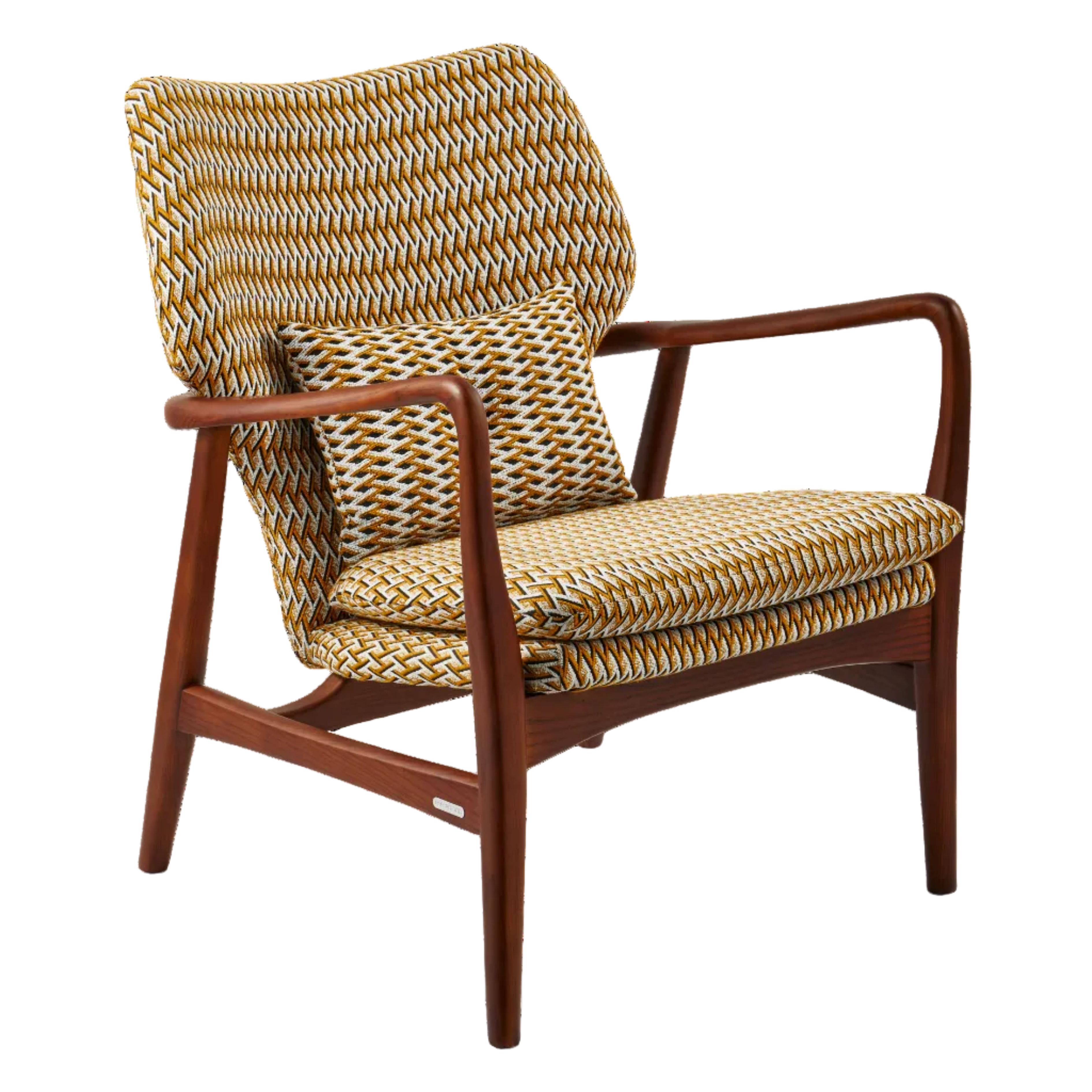 Sessel PEGGY in Lila mit geometrischen Mustern und Holzfuß