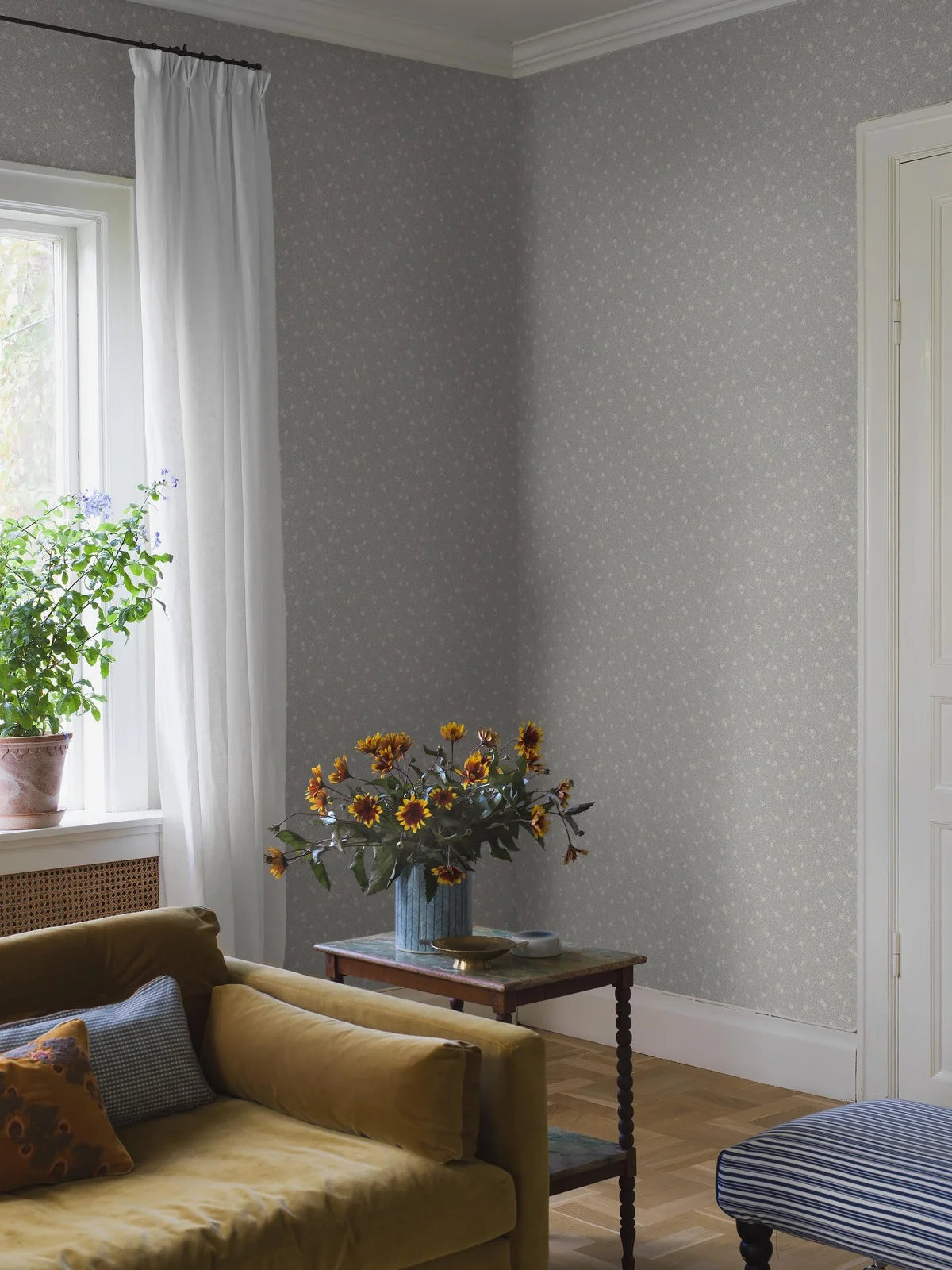 Myrtle Floral Pattern Wallpaper in Muted Blue with White