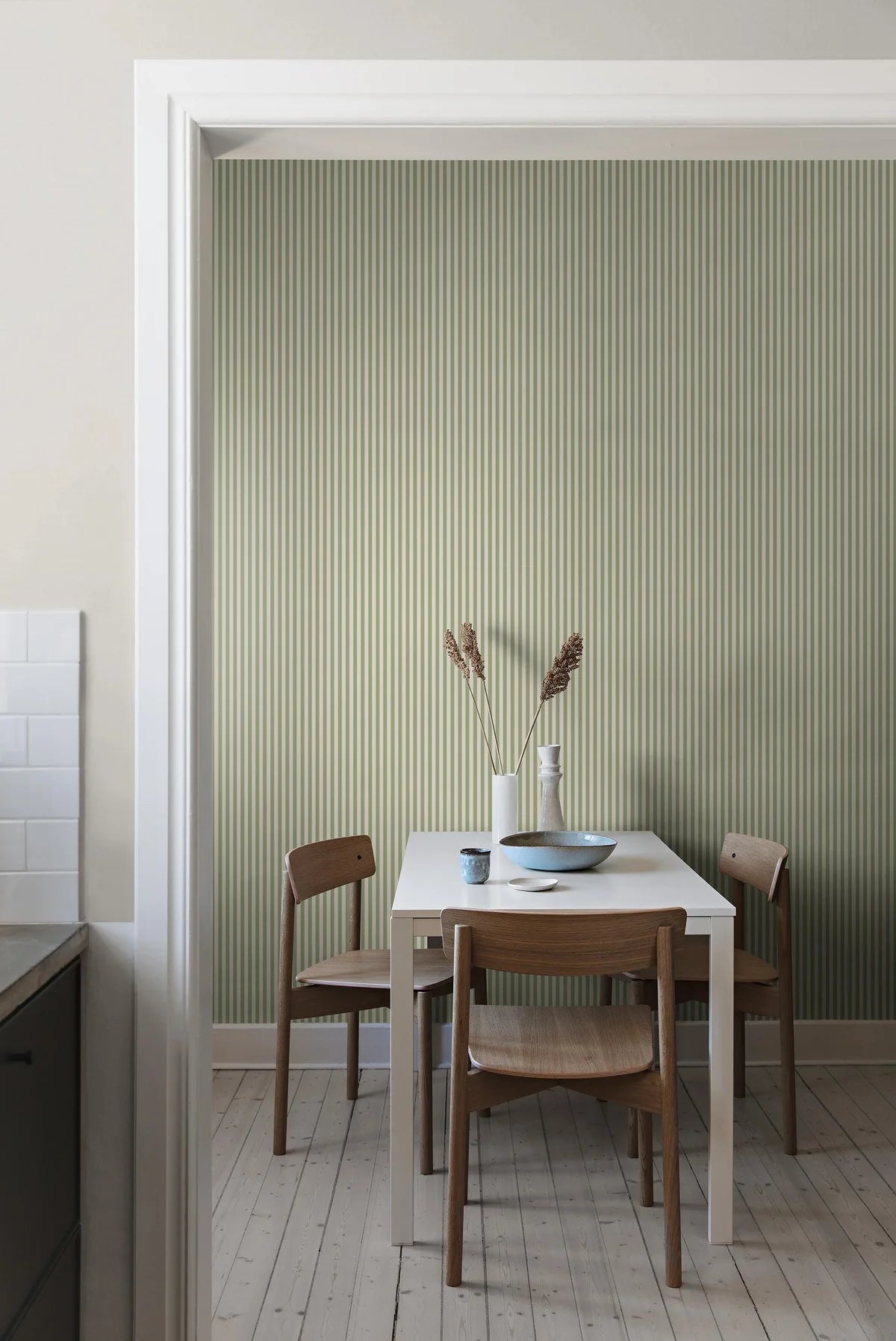 MÖLLE STRIPE Green and Beige Striped Wallpaper
