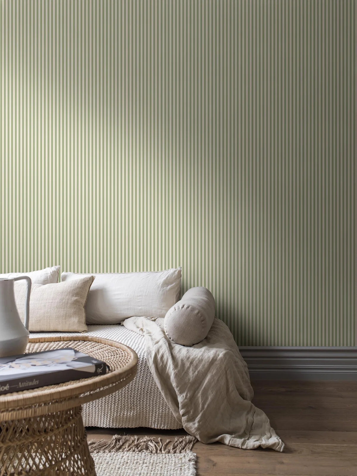 MÖLLE STRIPE Green and Beige Striped Wallpaper