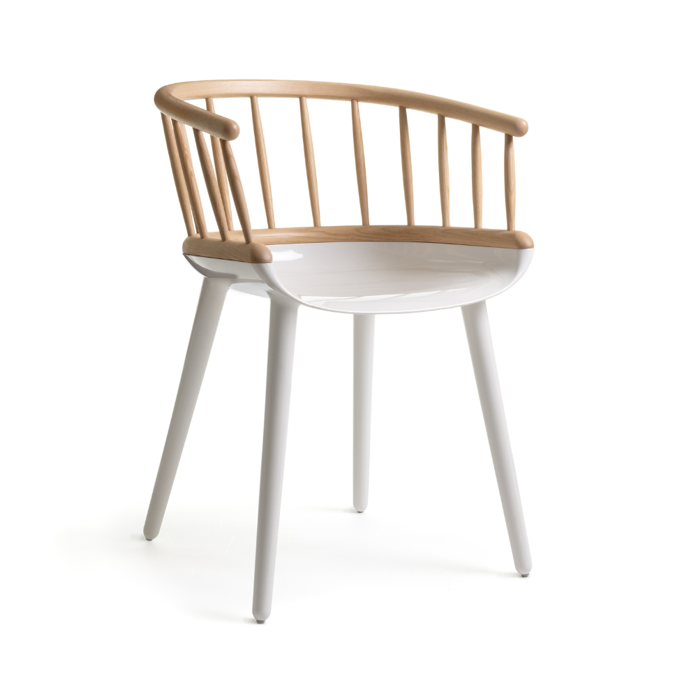 CYBORG STICK chair with a white base and ash wood.