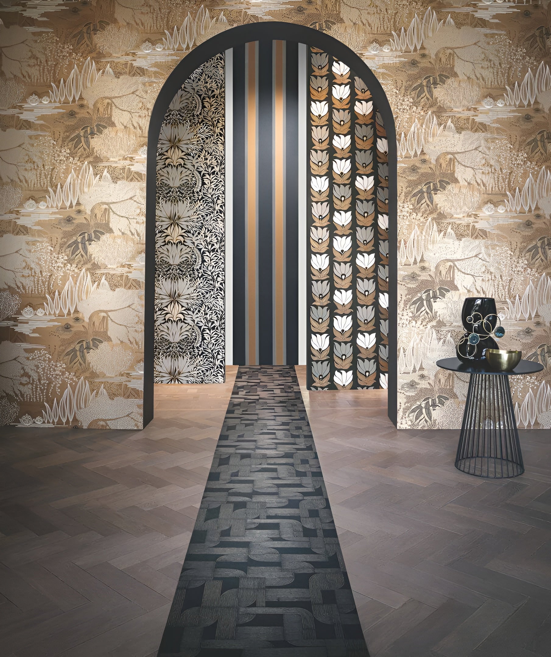 Tapete mit Pflanzenlandschaft des Wassergartens JASMIN - GREGE/VERT ARGILE gedämpftes Beige mit Grün