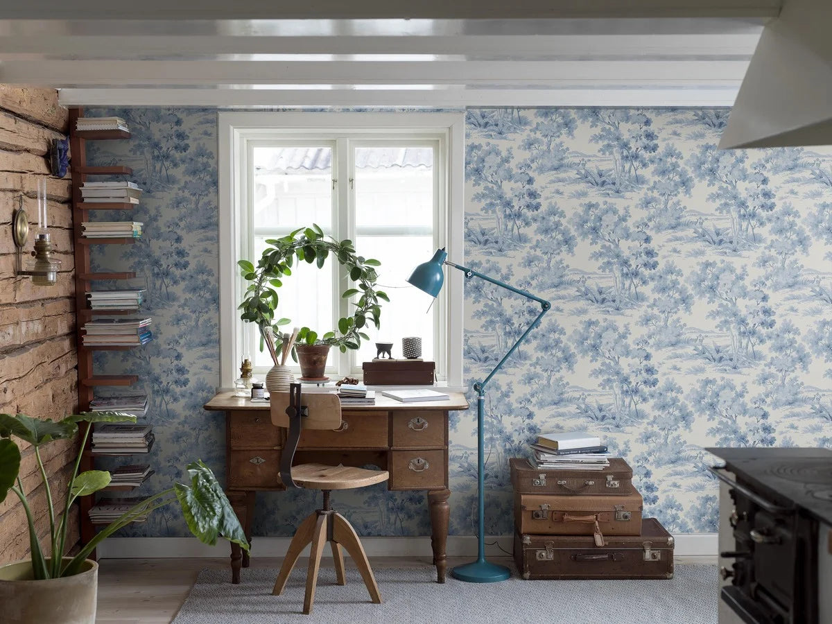 Vliesbehang met plantaal patroon LANDLIJK OCHTEND wit met blauw