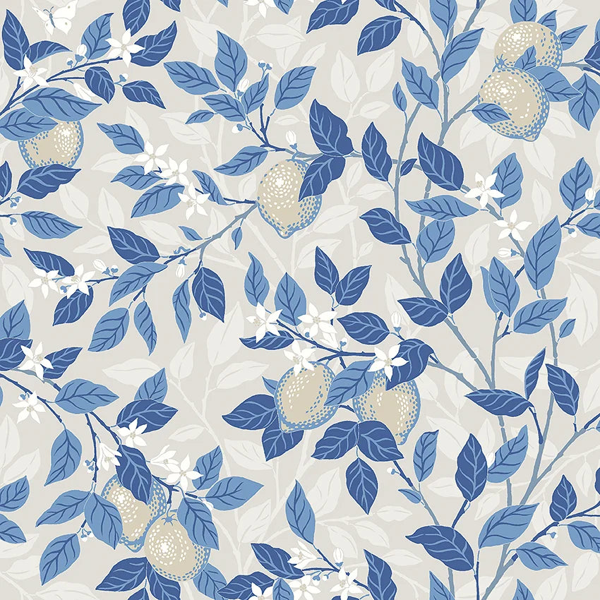 Non-woven paper wallpaper with a plant pattern CITRONTRÄD beige with blue