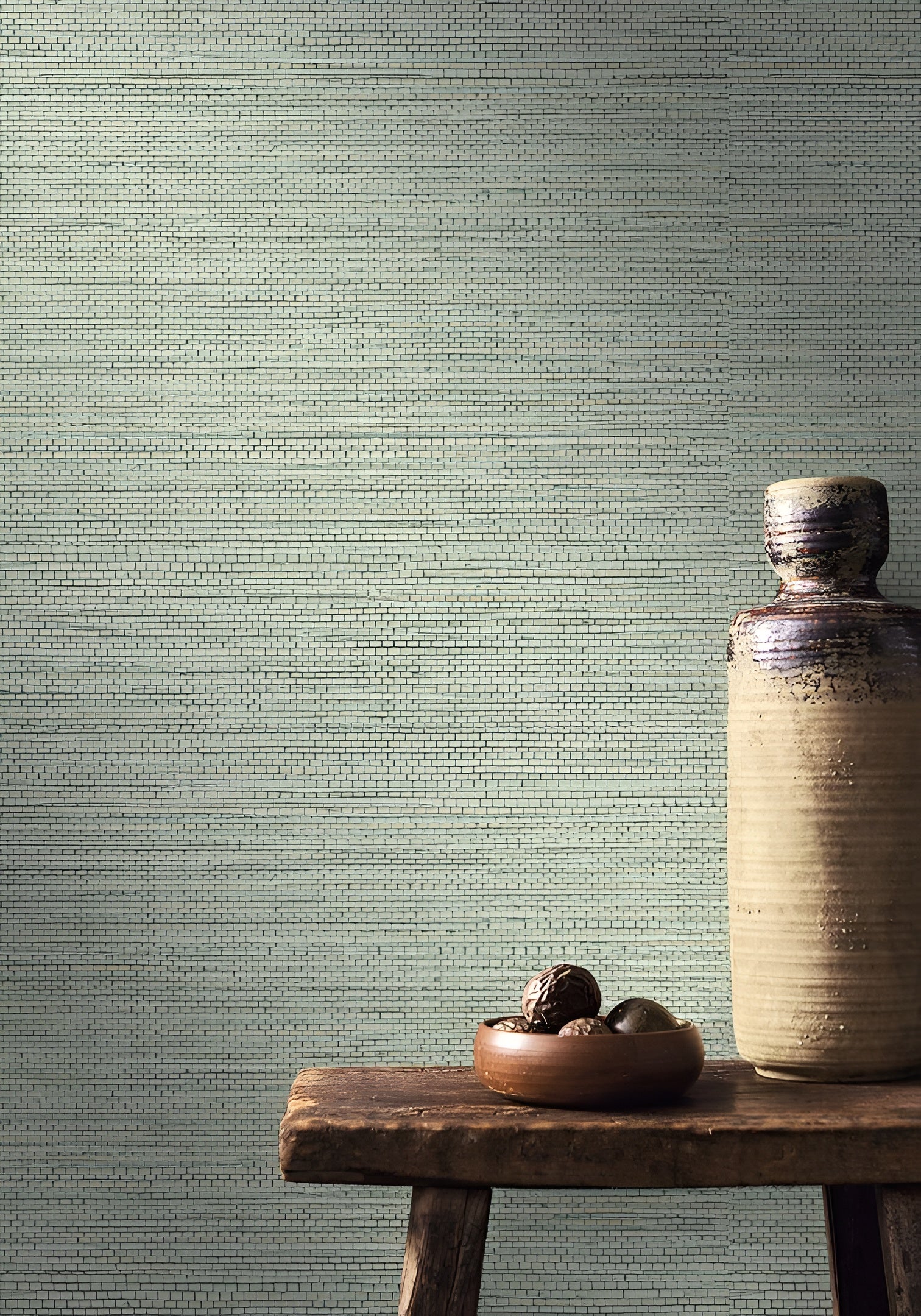 Structural wallpaper imitating seagrass fibers ZOSTERA - AMANDE almond green