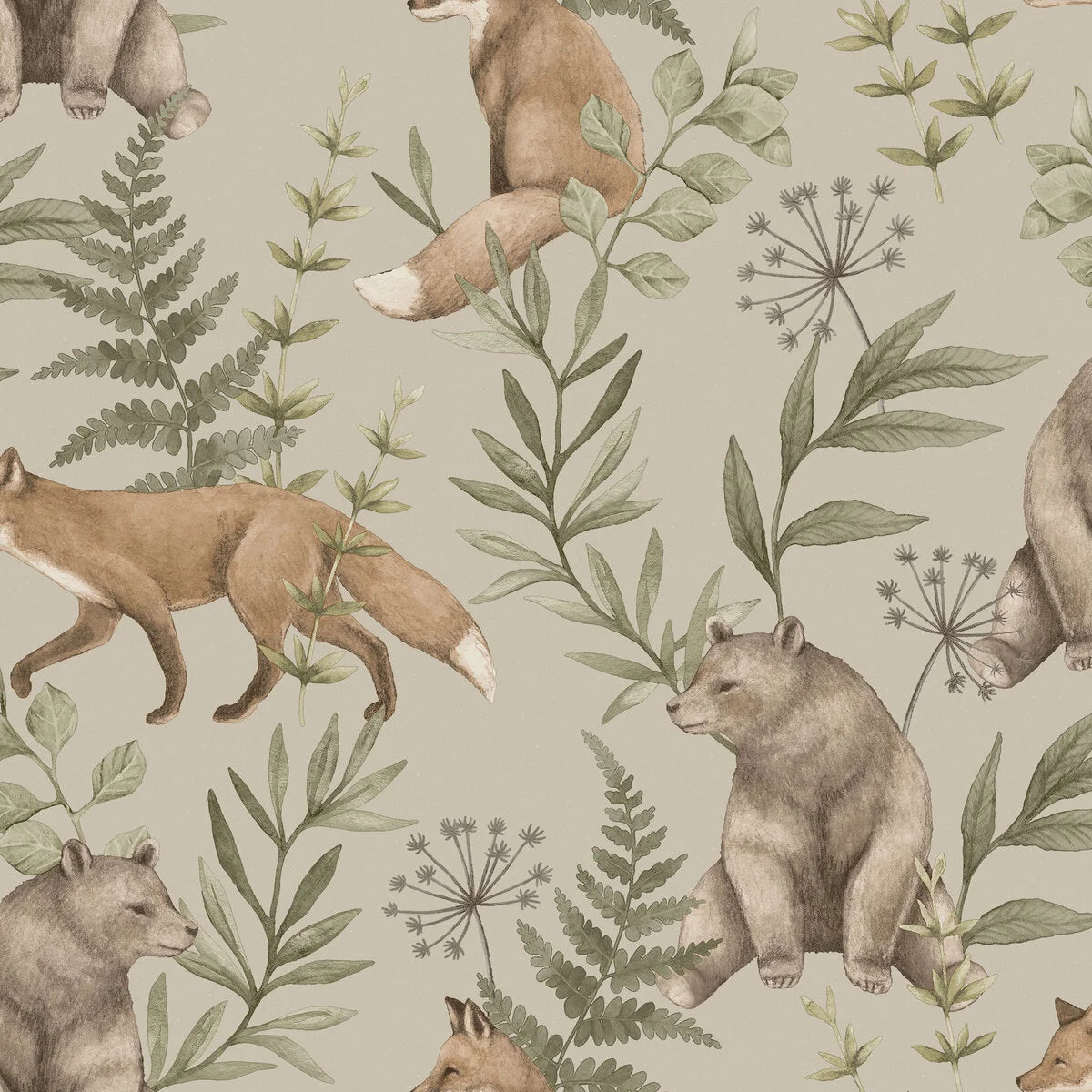 Wild Forest Beige Children's Wallpaper with Plant and Animal Motif